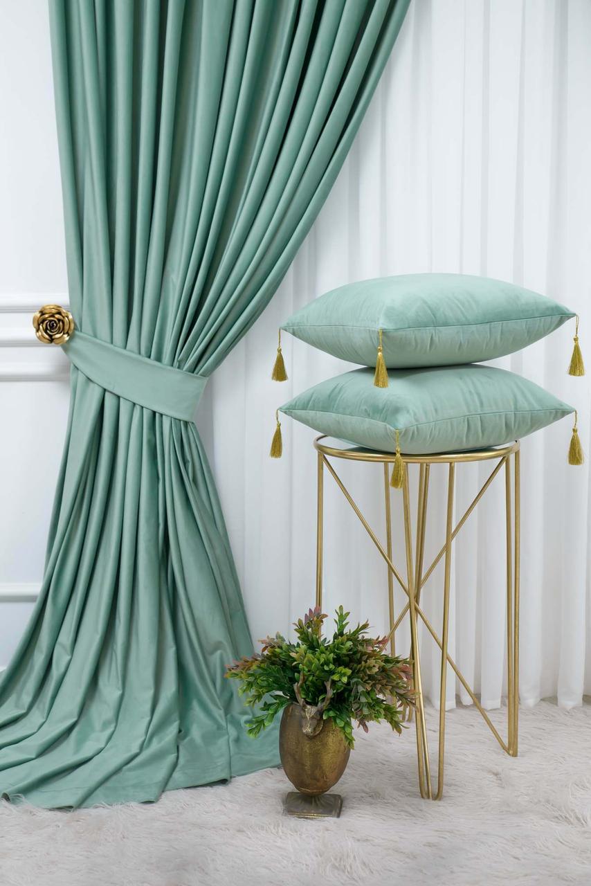 Velvet plain curtains, mint color