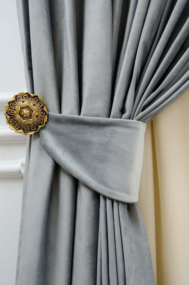 Velvet plain curtains, light gray color