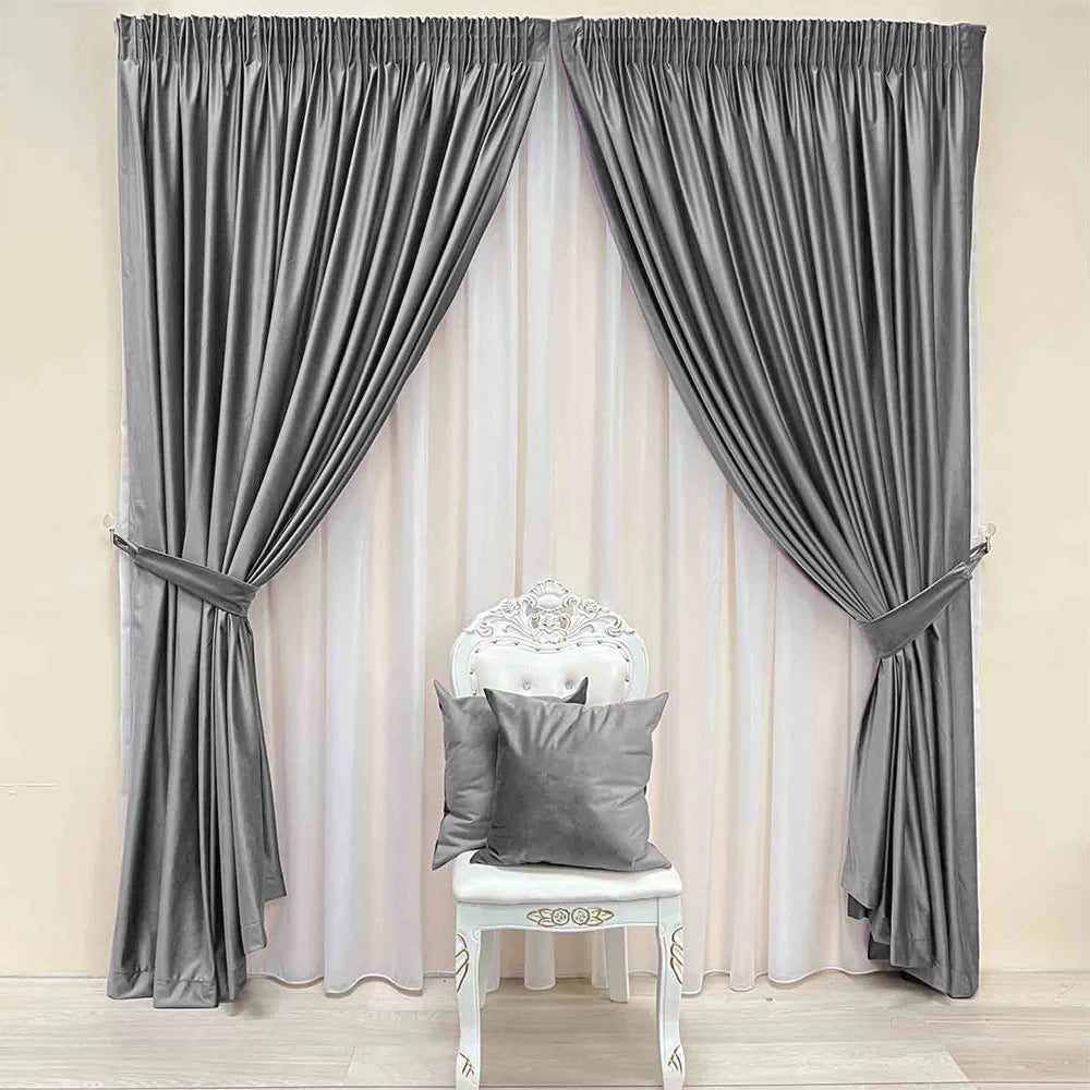 Velvet plain curtains, gray color