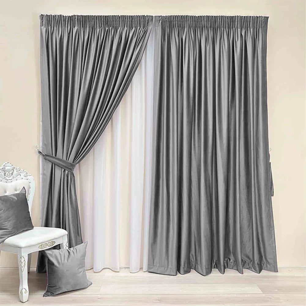 Velvet plain curtains, gray color