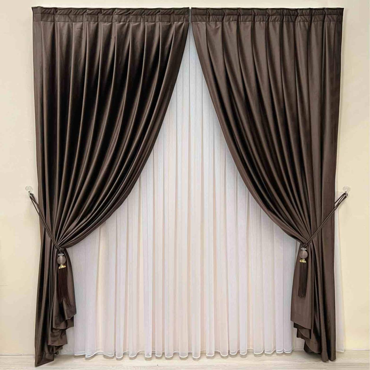 Velvet plain curtains, dark brown color
