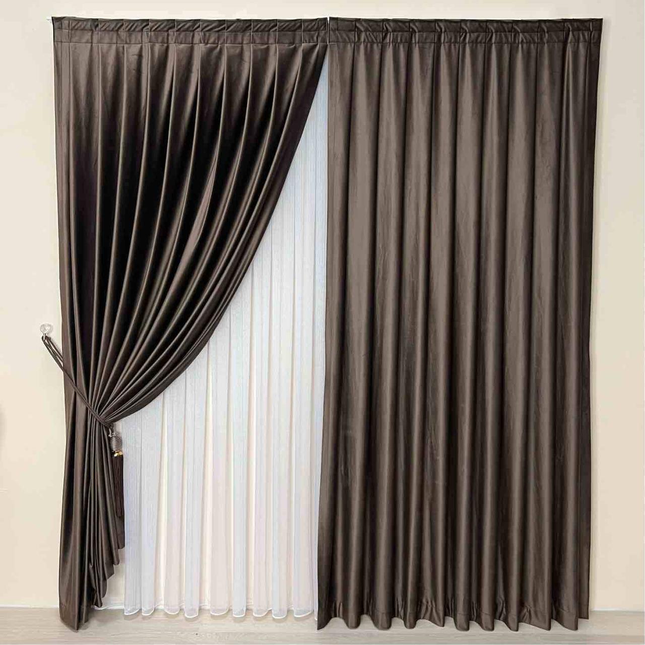 Velvet plain curtains, dark brown color