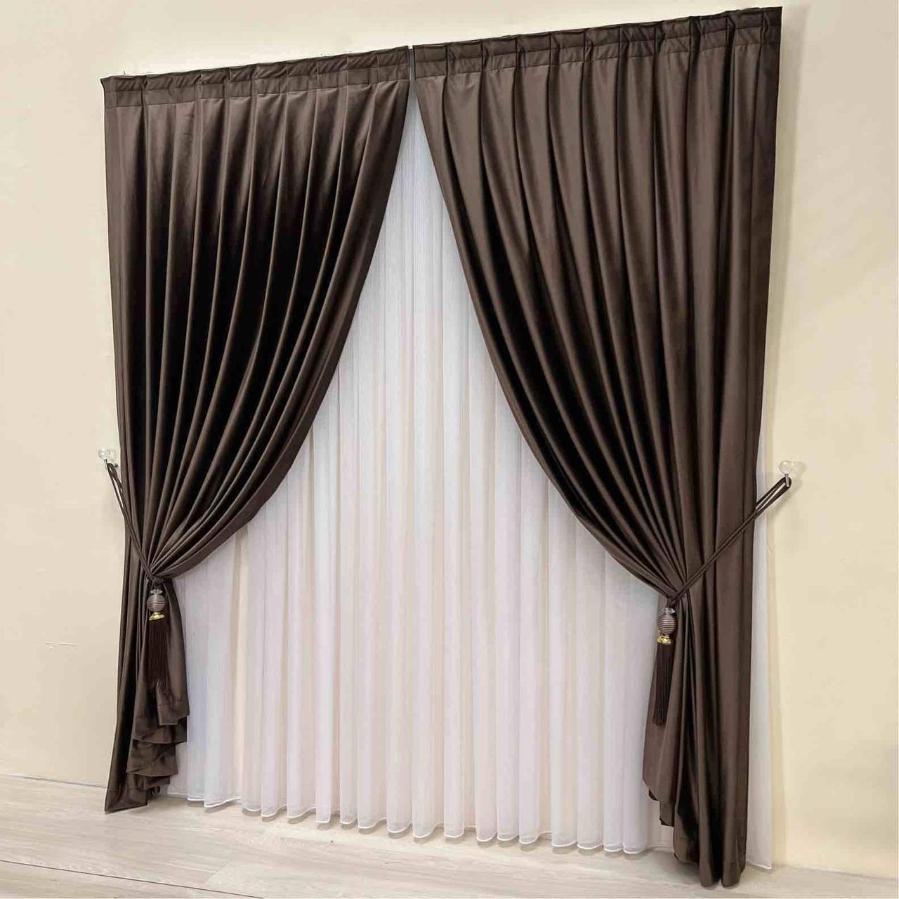Velvet plain curtains, dark brown color