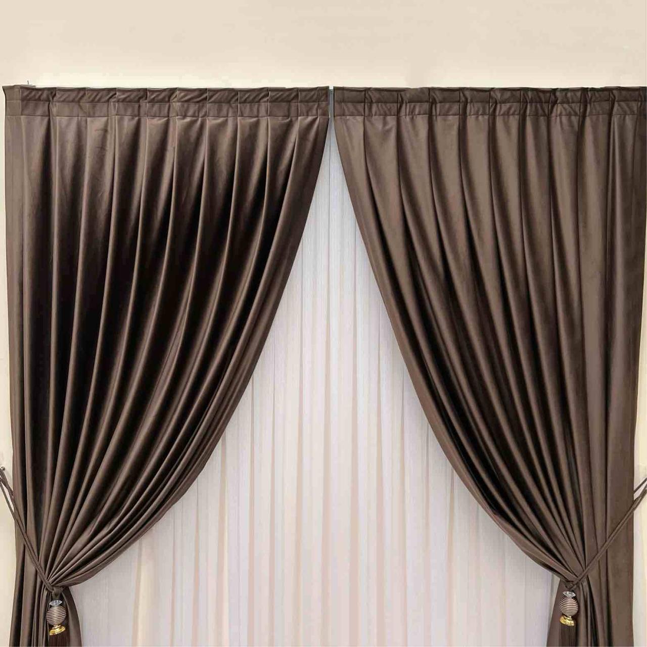 Velvet plain curtains, dark brown color