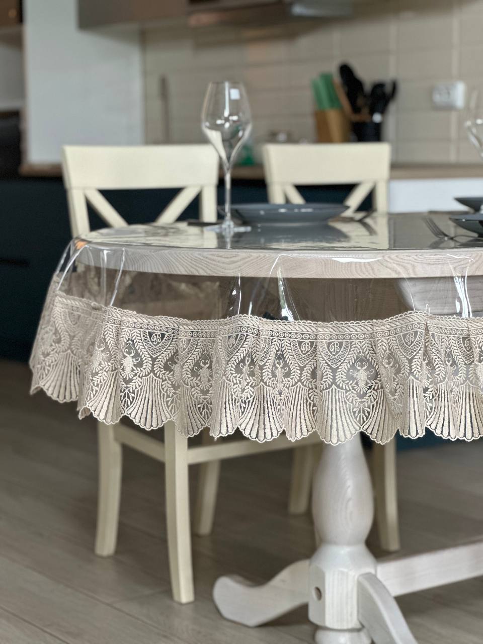 Silicone tablecloth with Versailles lace, color: Cappuccino (custom size or standard size)