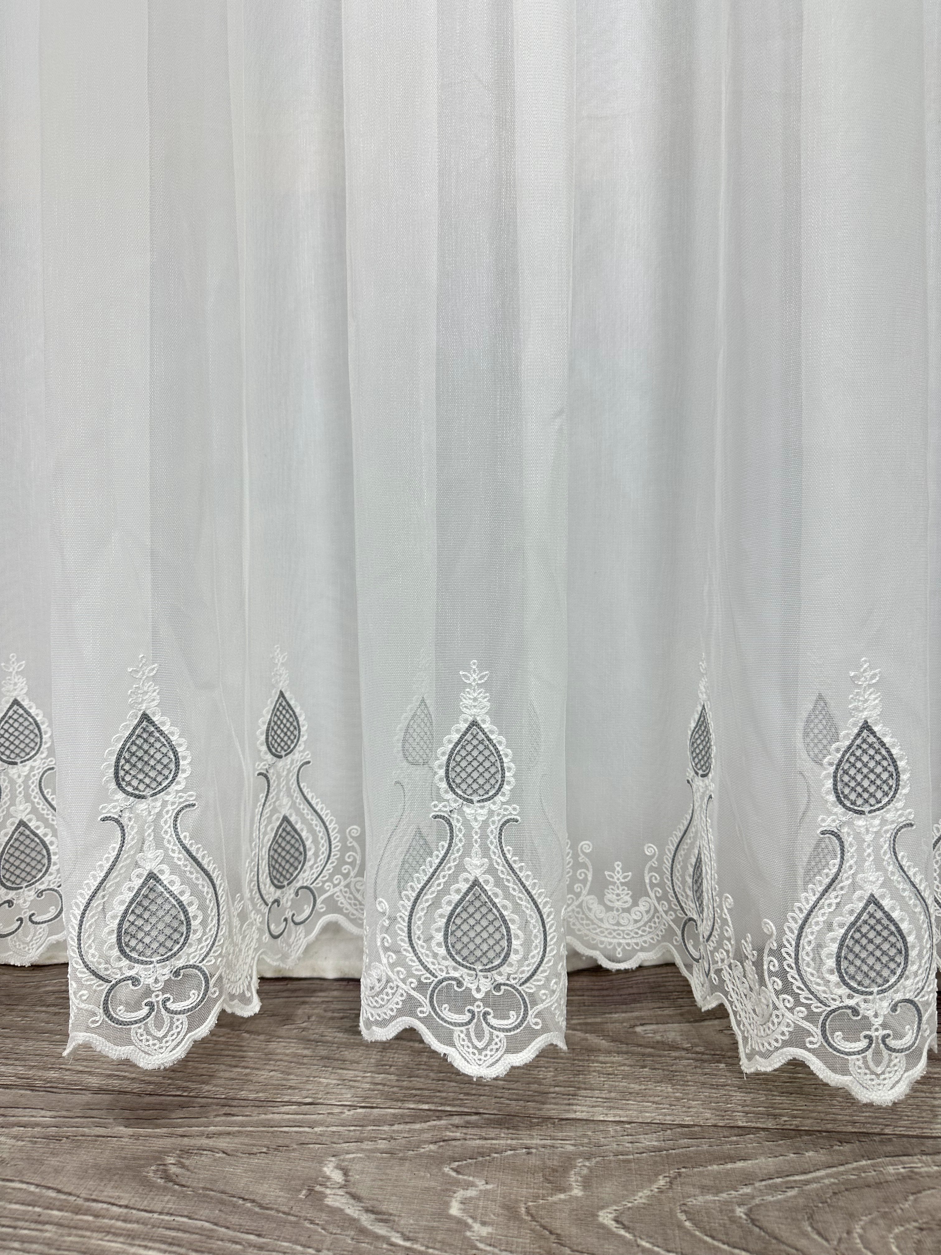 Sheer curtain with chenille embroidery on the bottom , gray color