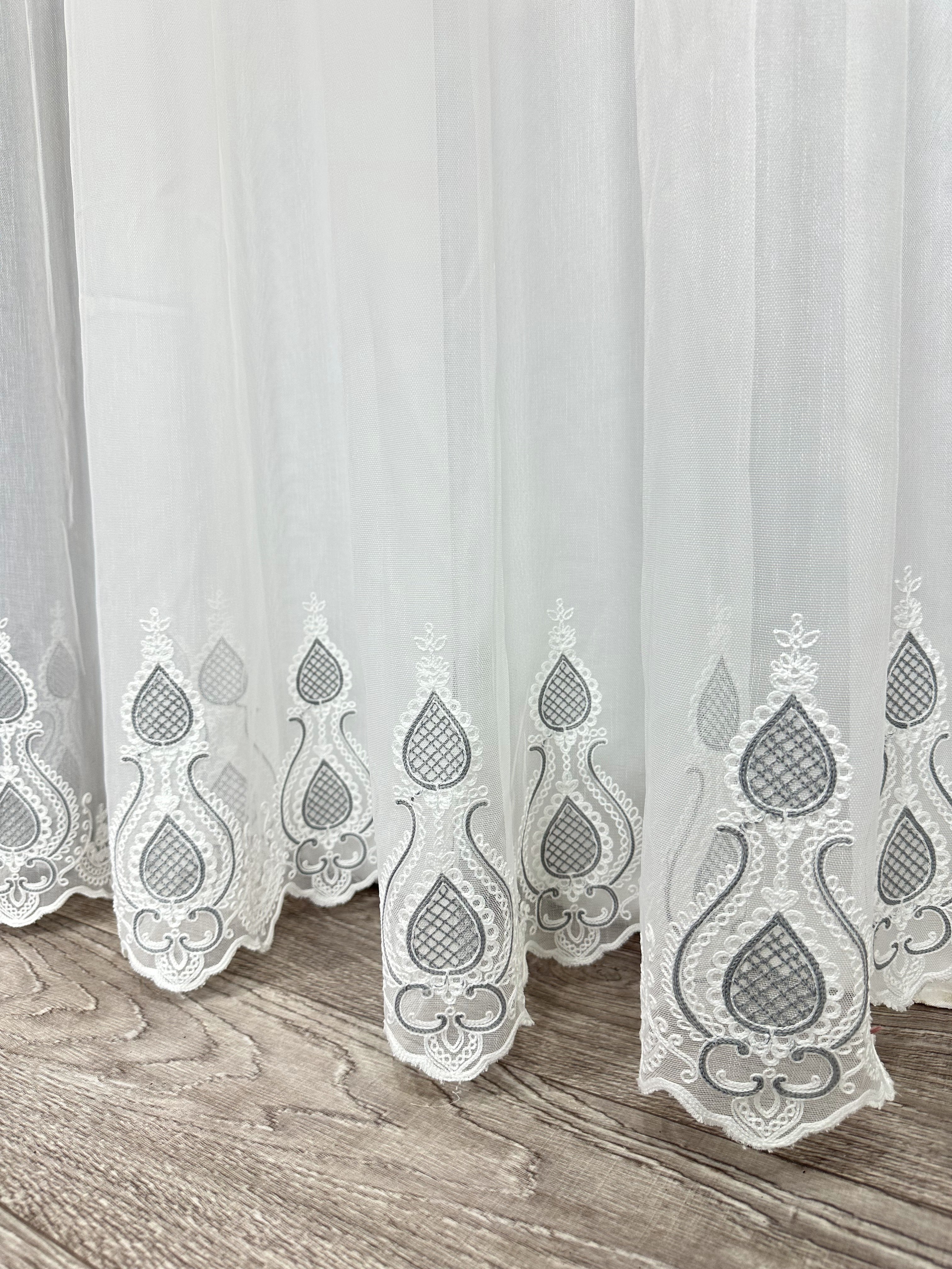 Sheer curtain with chenille embroidery on the bottom , gray color