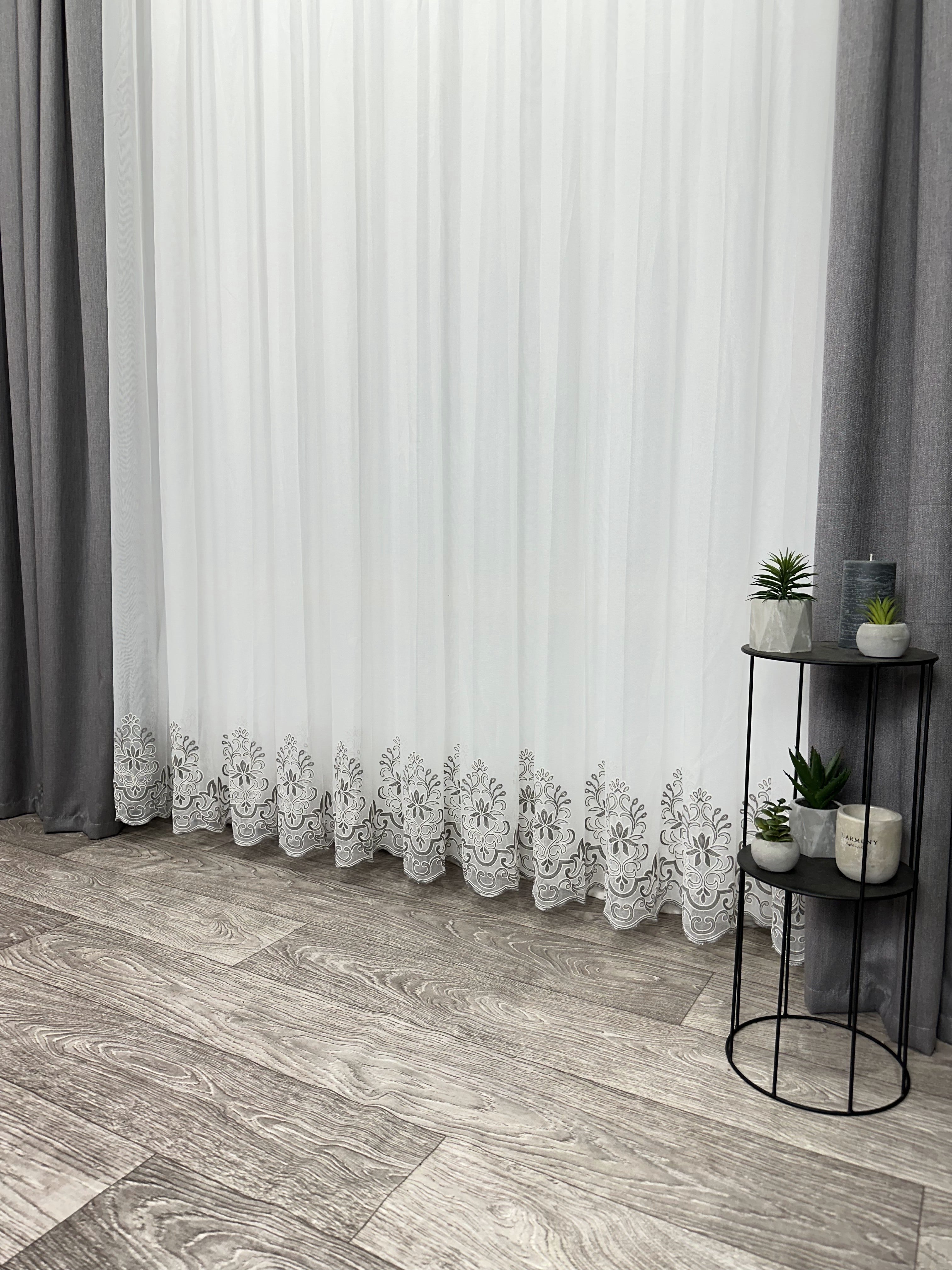 Sheer curtain with chenille embroidery on the bottom , gray color
