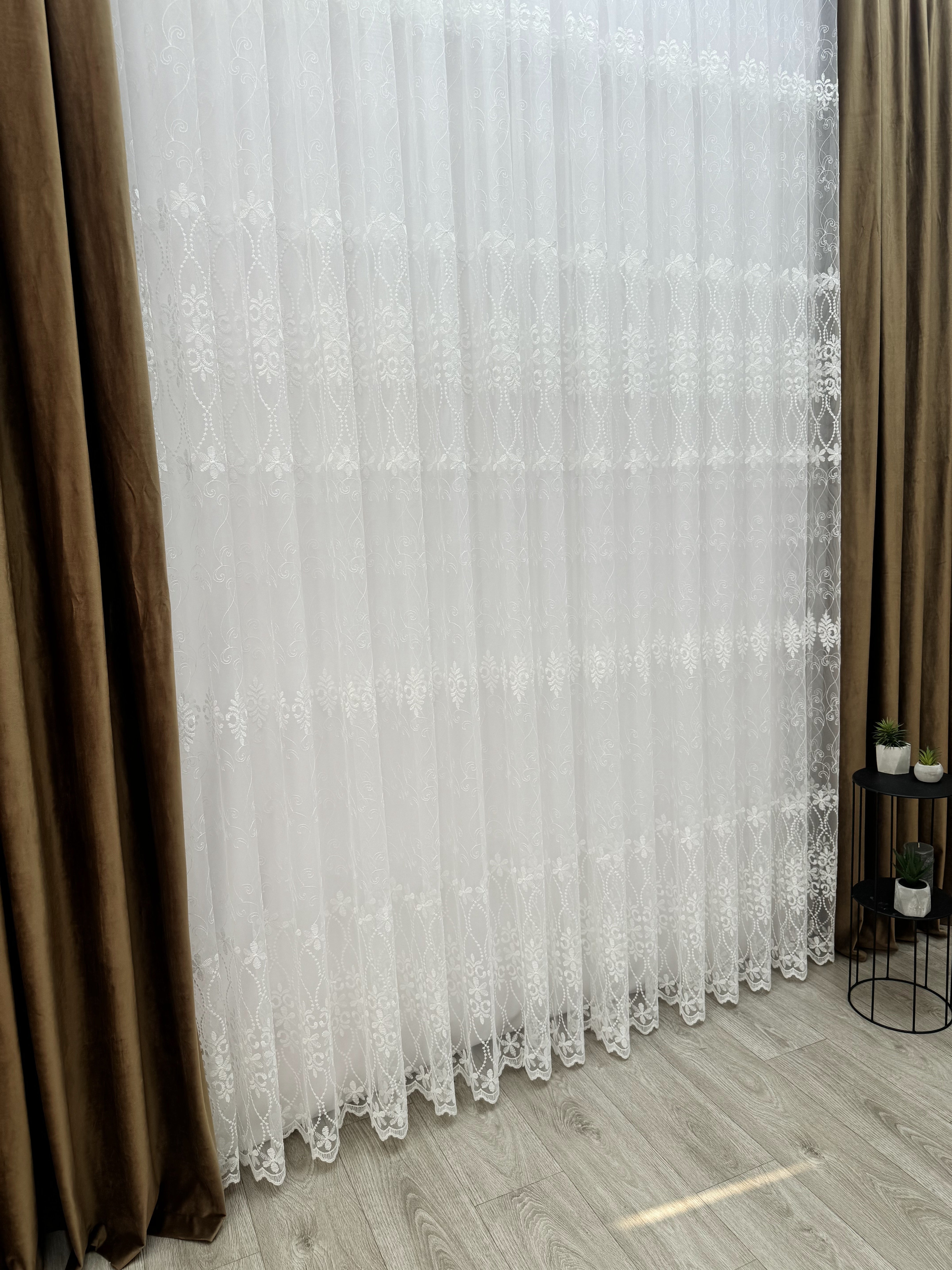 Sheer curtain based on fatin with embroidery, milk color