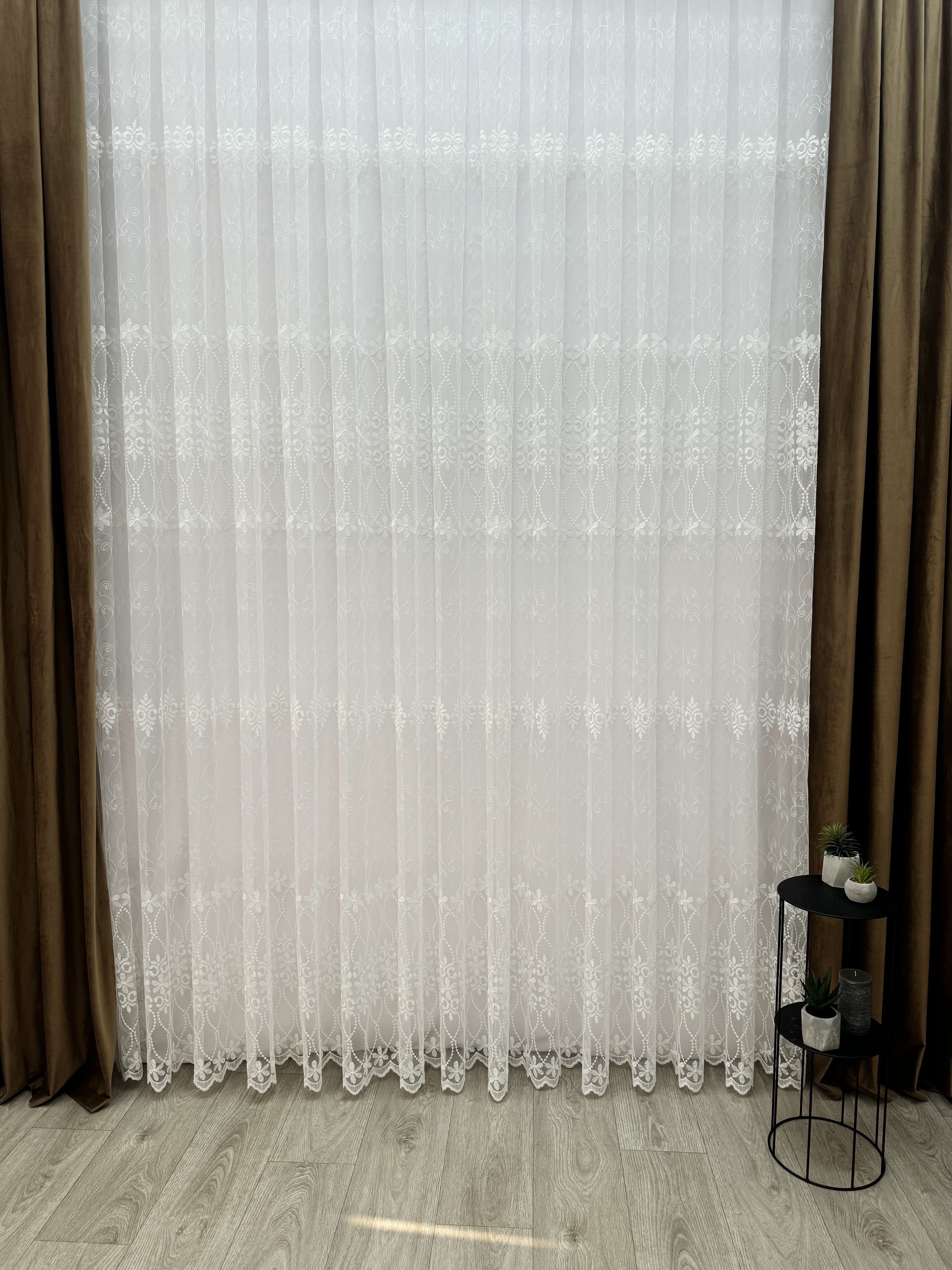 Sheer curtain based on fatin with embroidery, milk color
