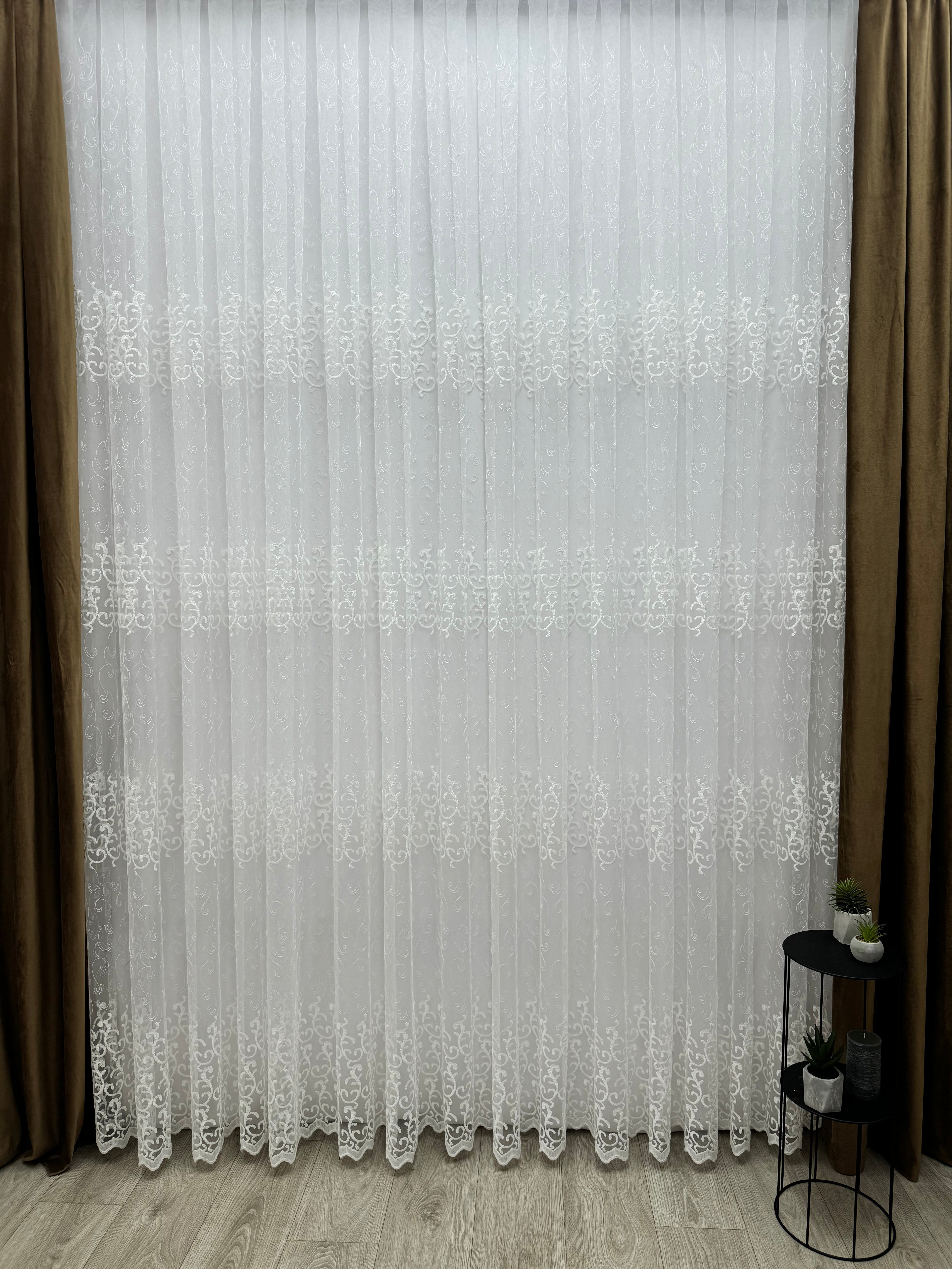 Sheer curtain based on tulle with beautiful embroidery, white color
