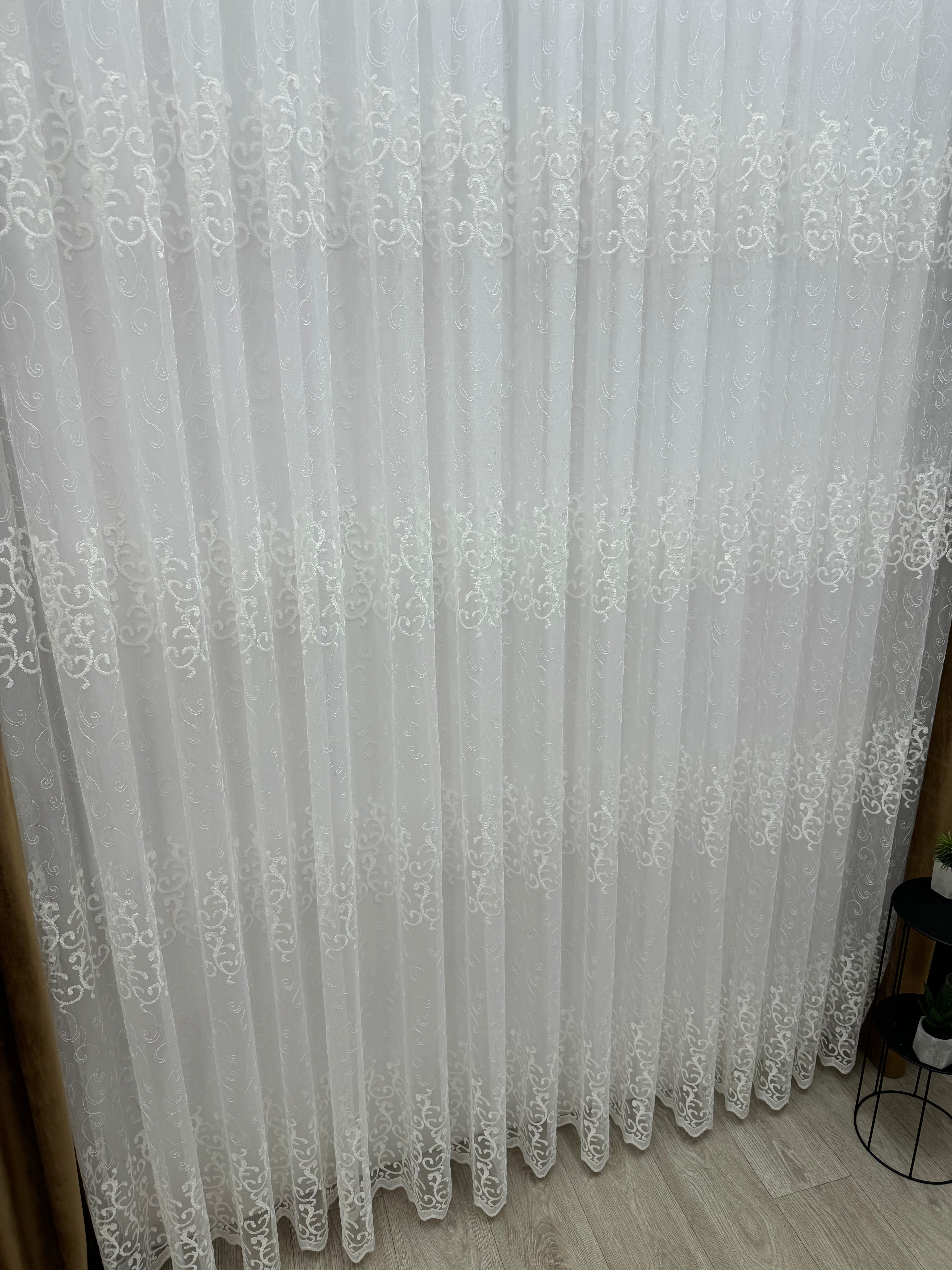 Sheer curtain based on tulle with beautiful embroidery, milk color