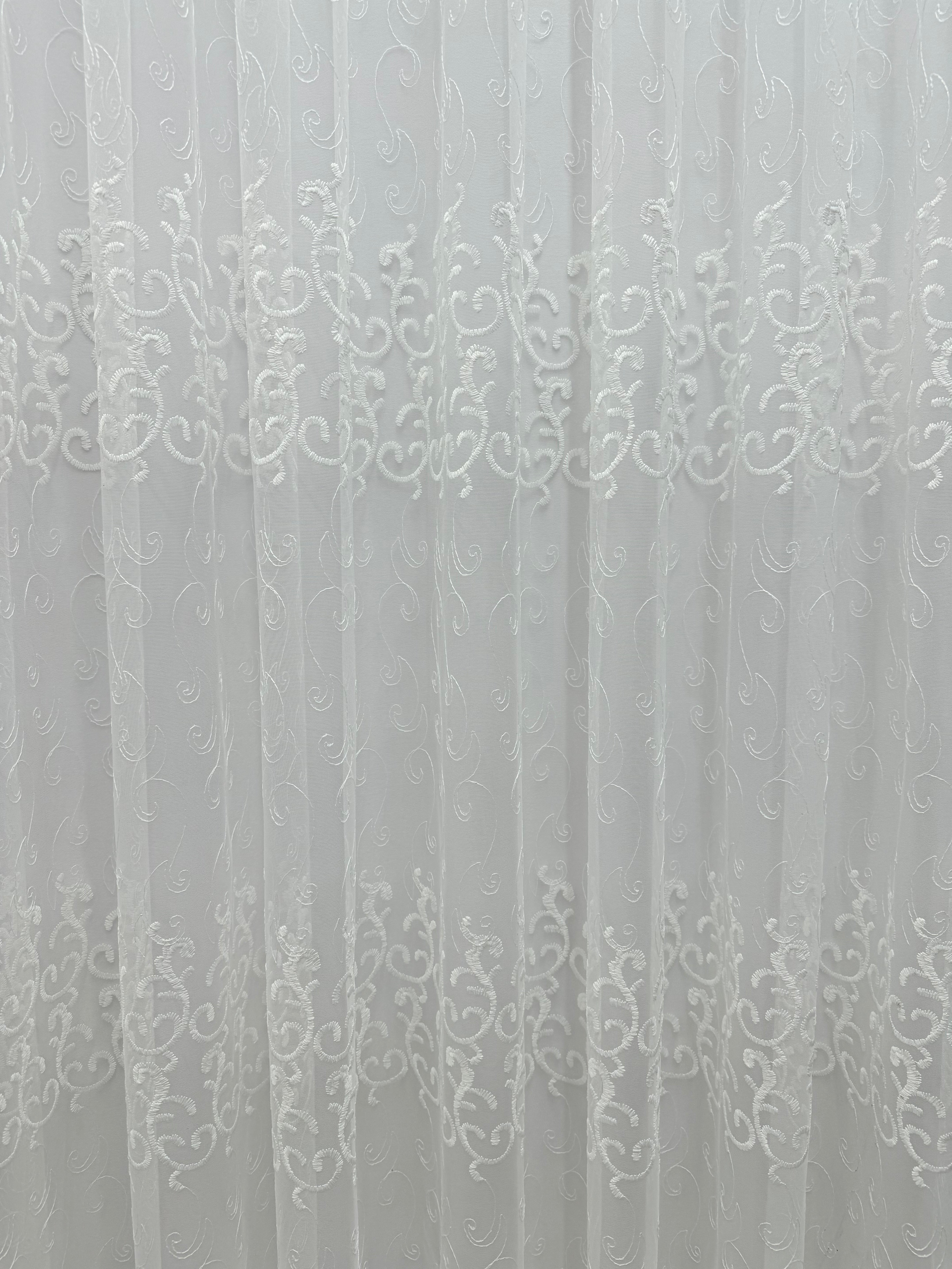 Sheer curtain based on tulle with beautiful embroidery, milk color