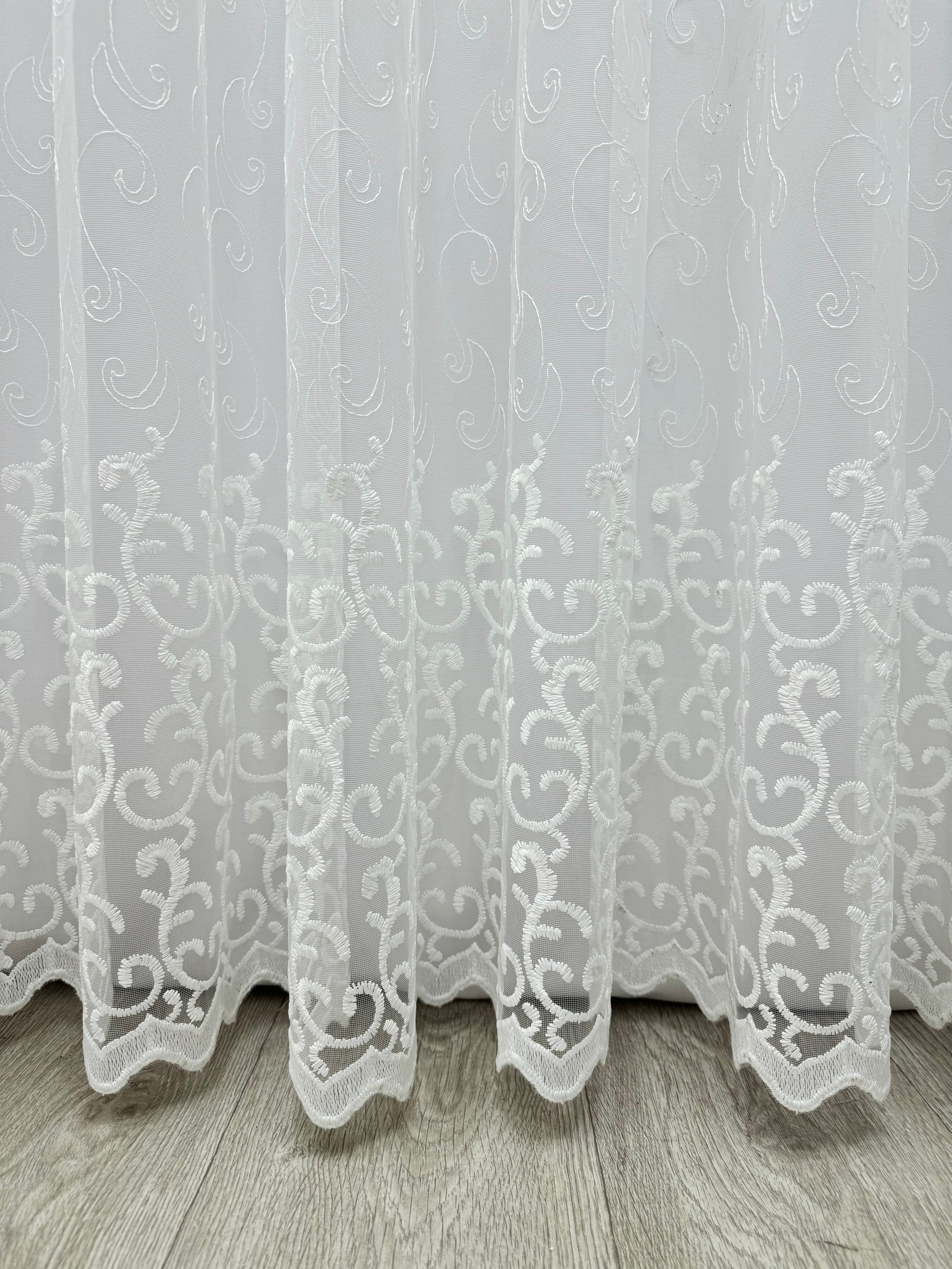 Sheer curtain based on tulle with beautiful embroidery, milk color