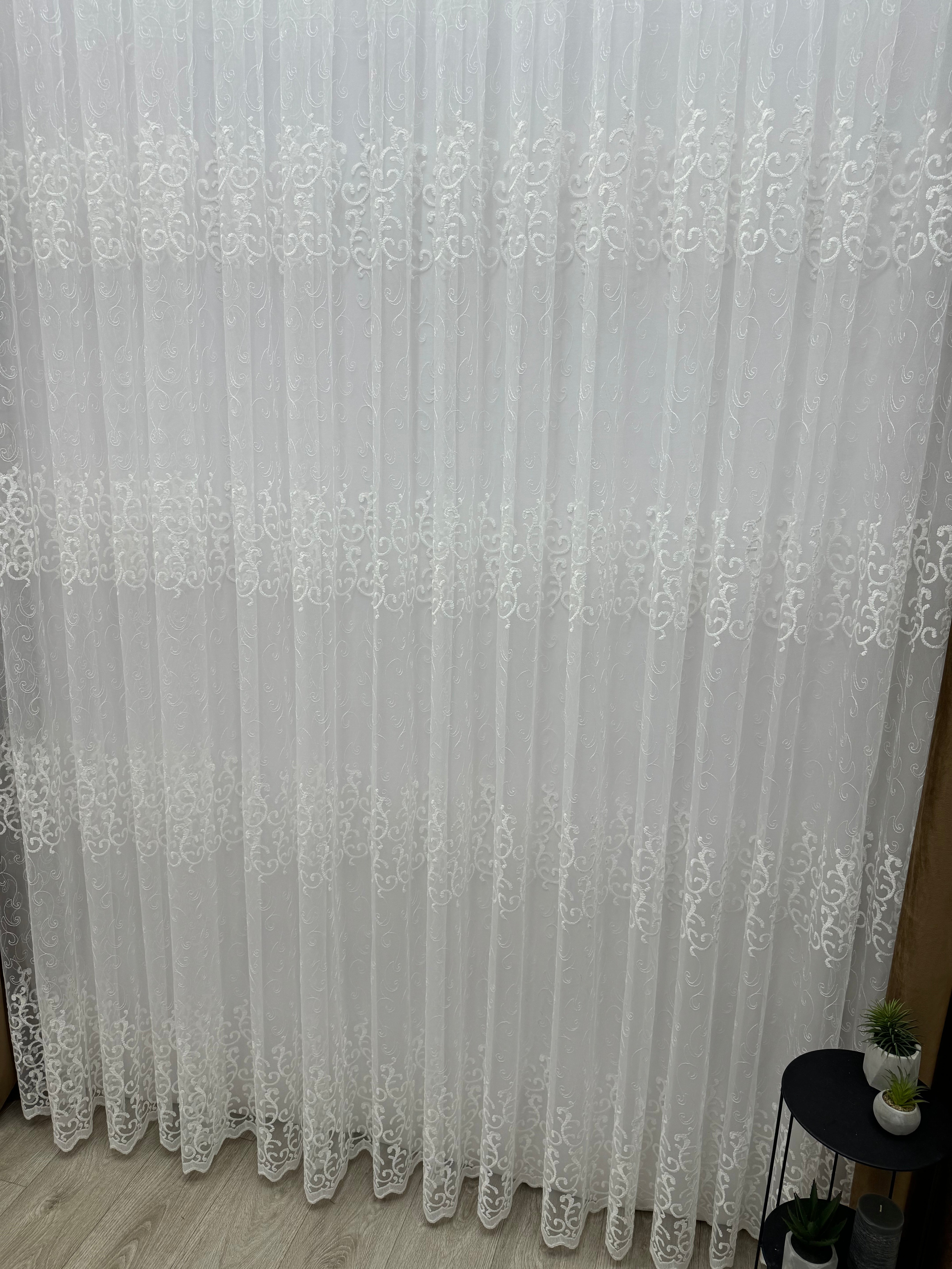 Sheer curtain based on tulle with beautiful embroidery, milk color
