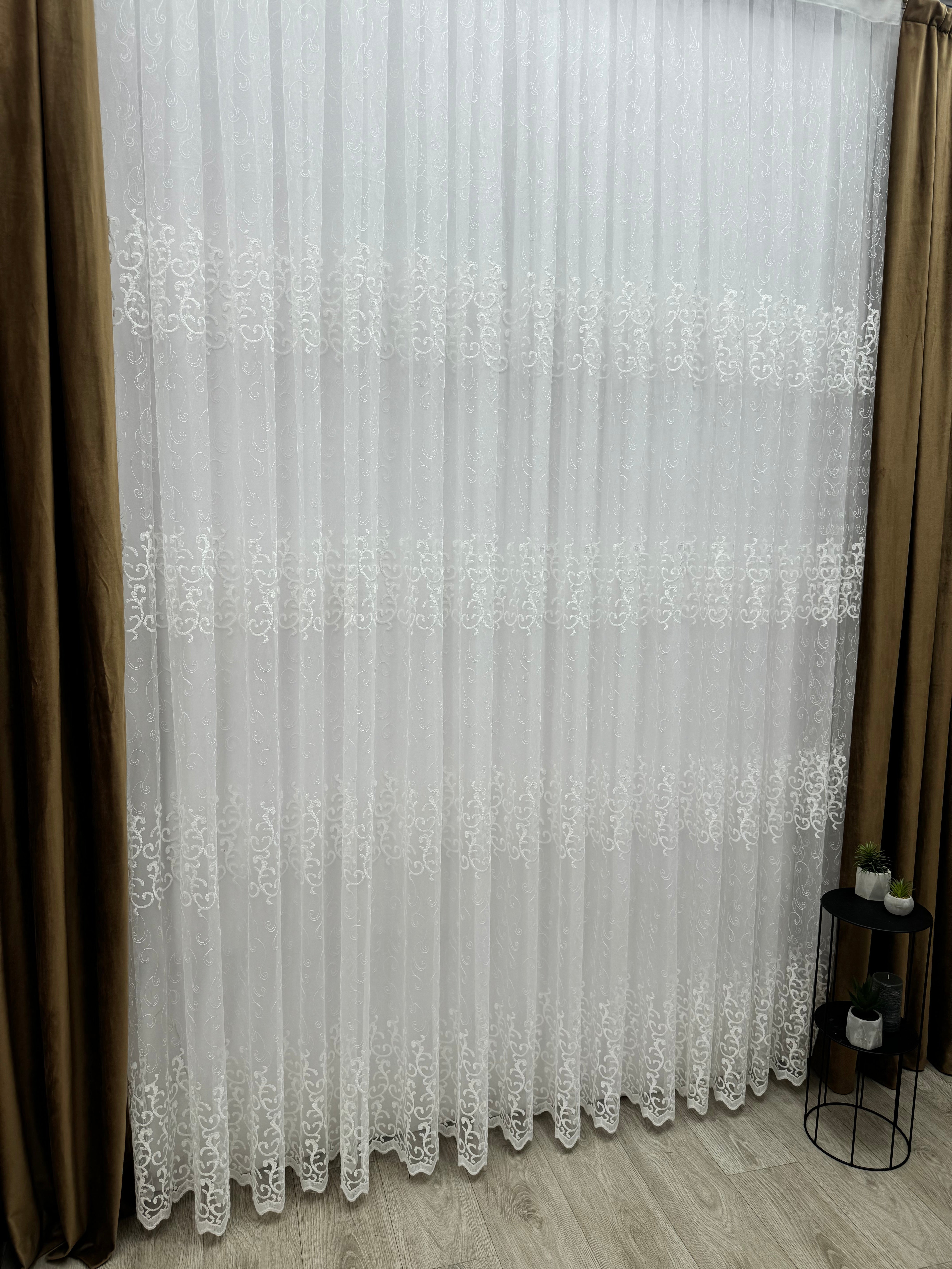 Sheer curtain based on tulle with beautiful embroidery, white color