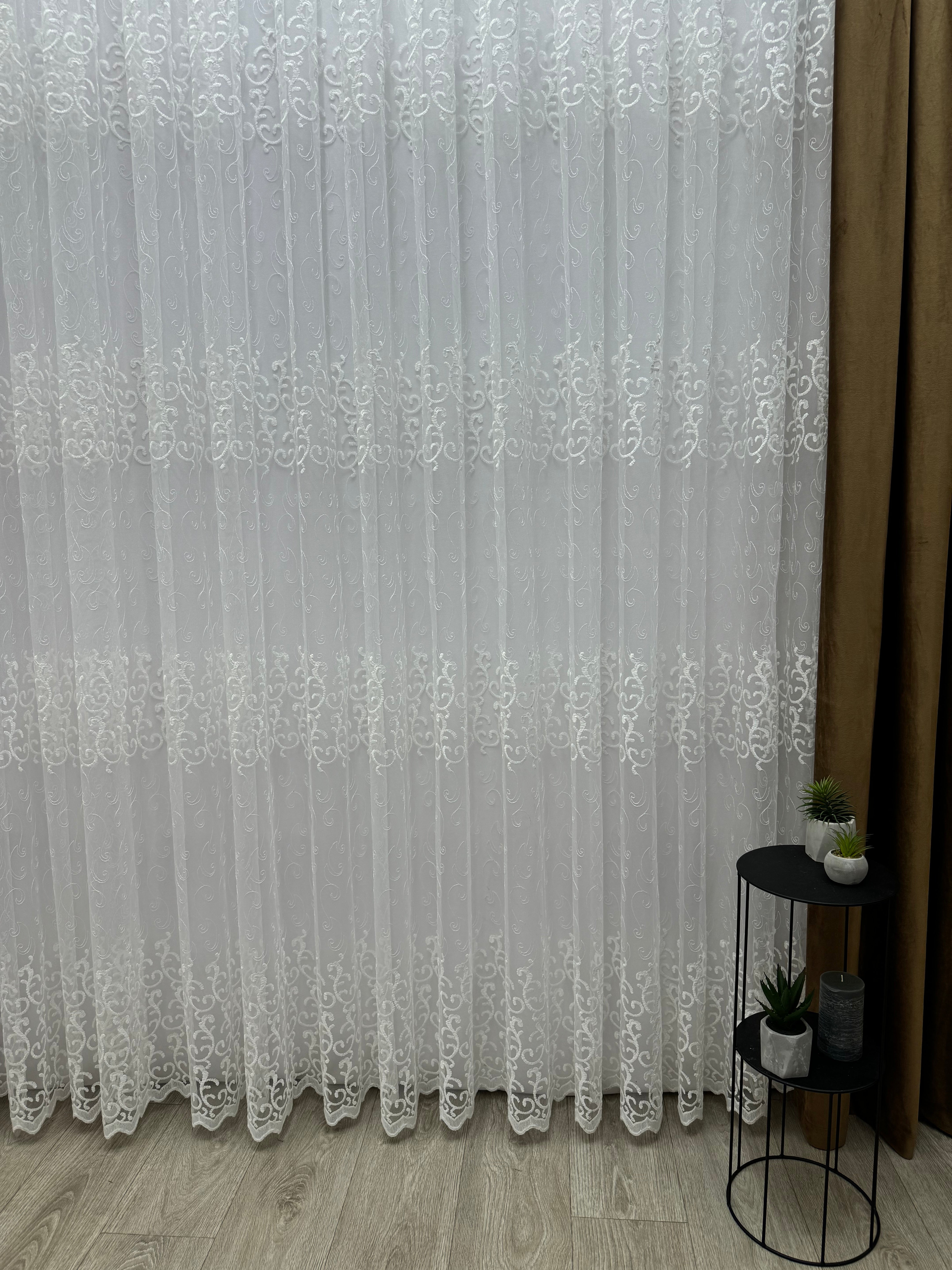 Sheer curtain based on tulle with beautiful embroidery, milk color