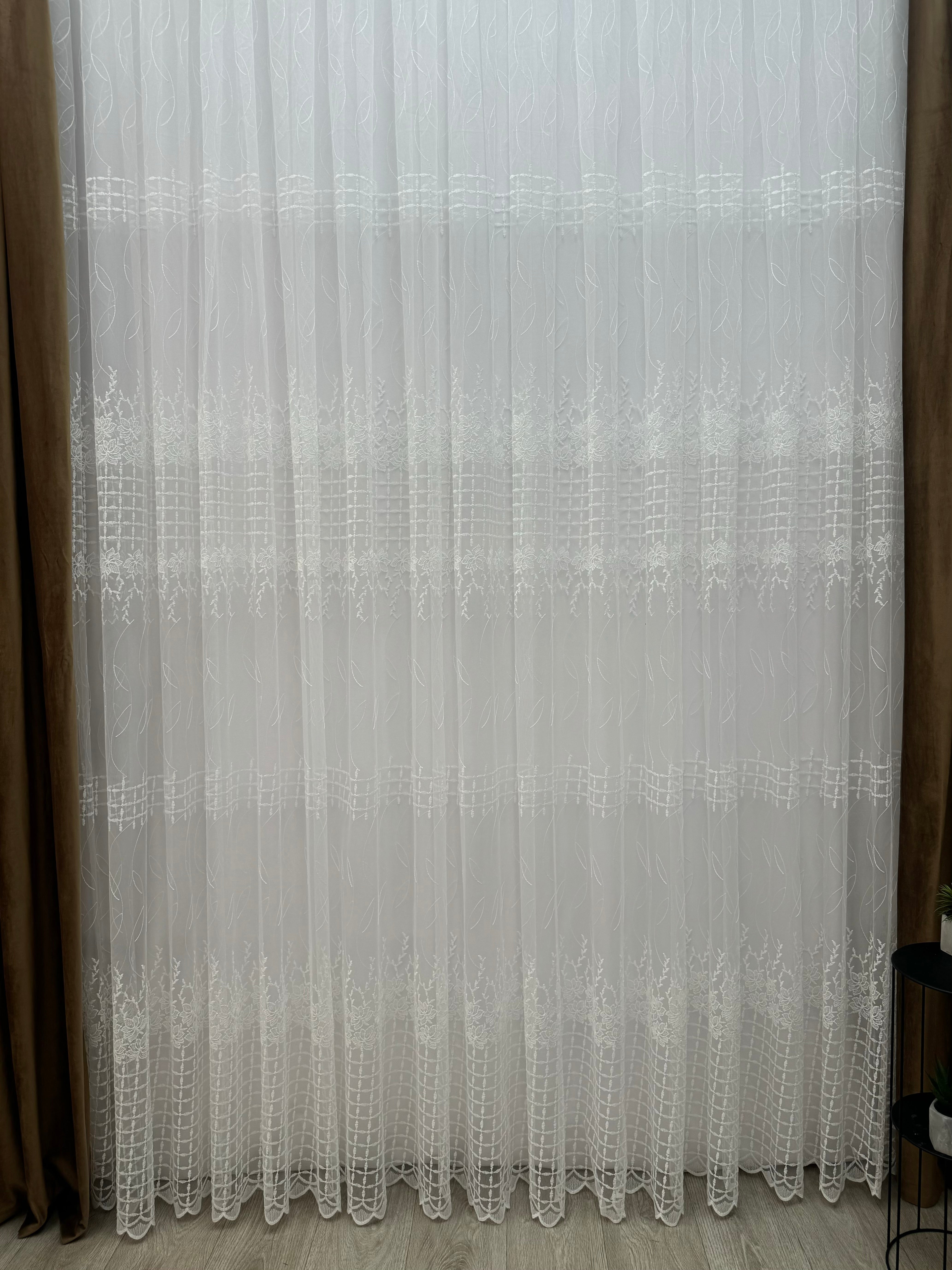 Sheer curtain based on fatin with embroidery, milk color