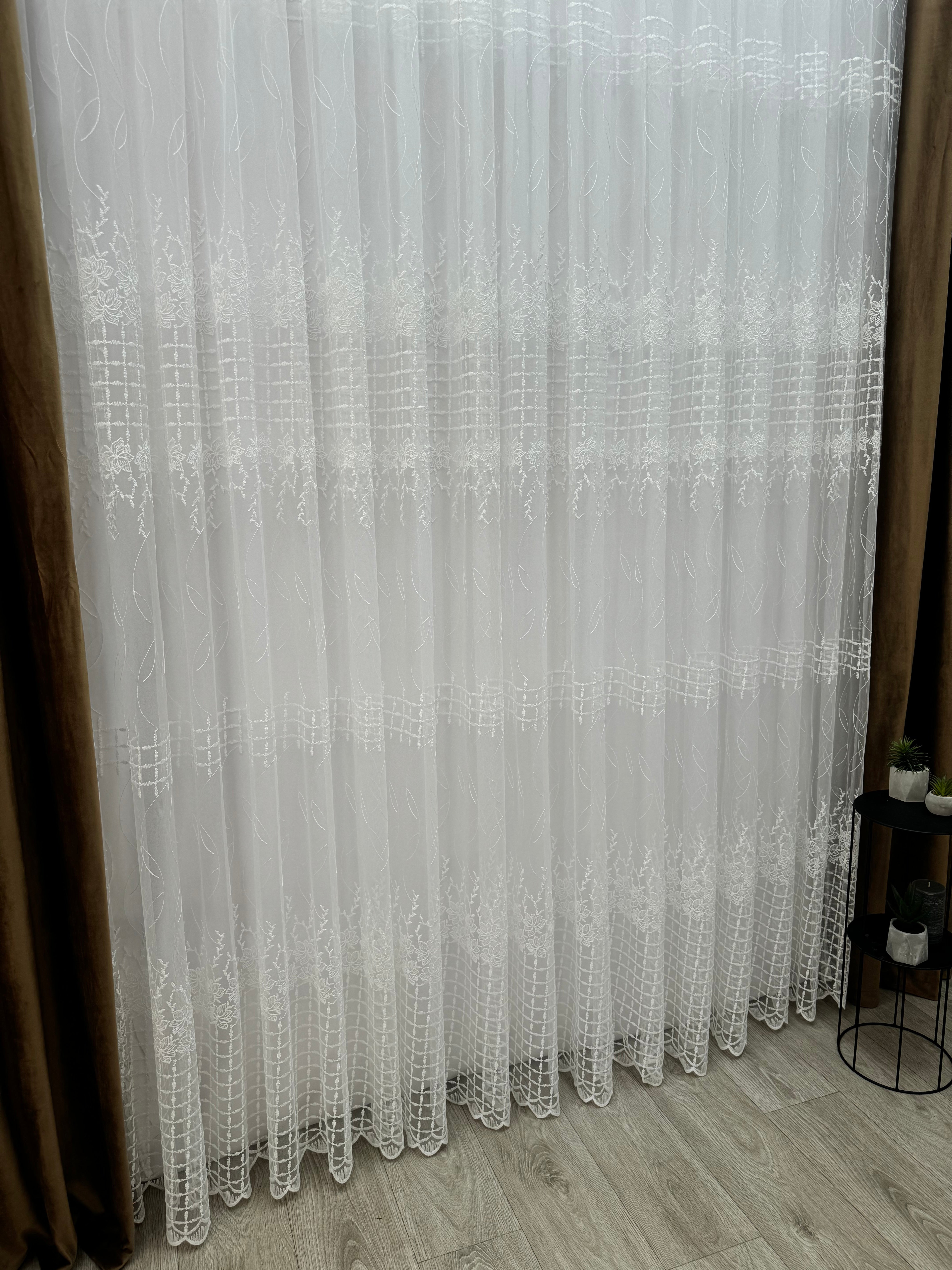 Sheer curtain based on fatin with embroidery, milk color
