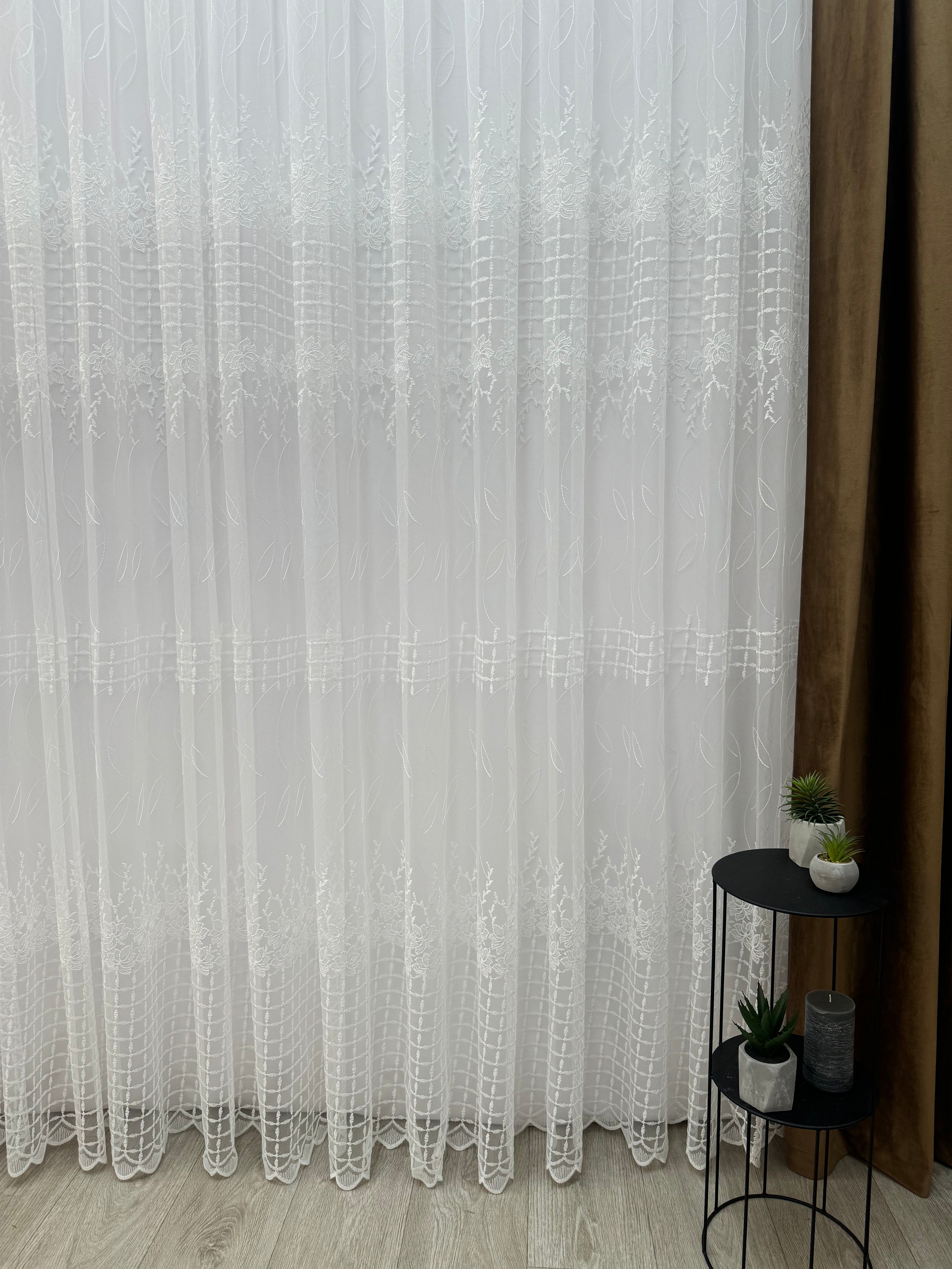 Sheer curtain based on fatin with embroidery, milk color