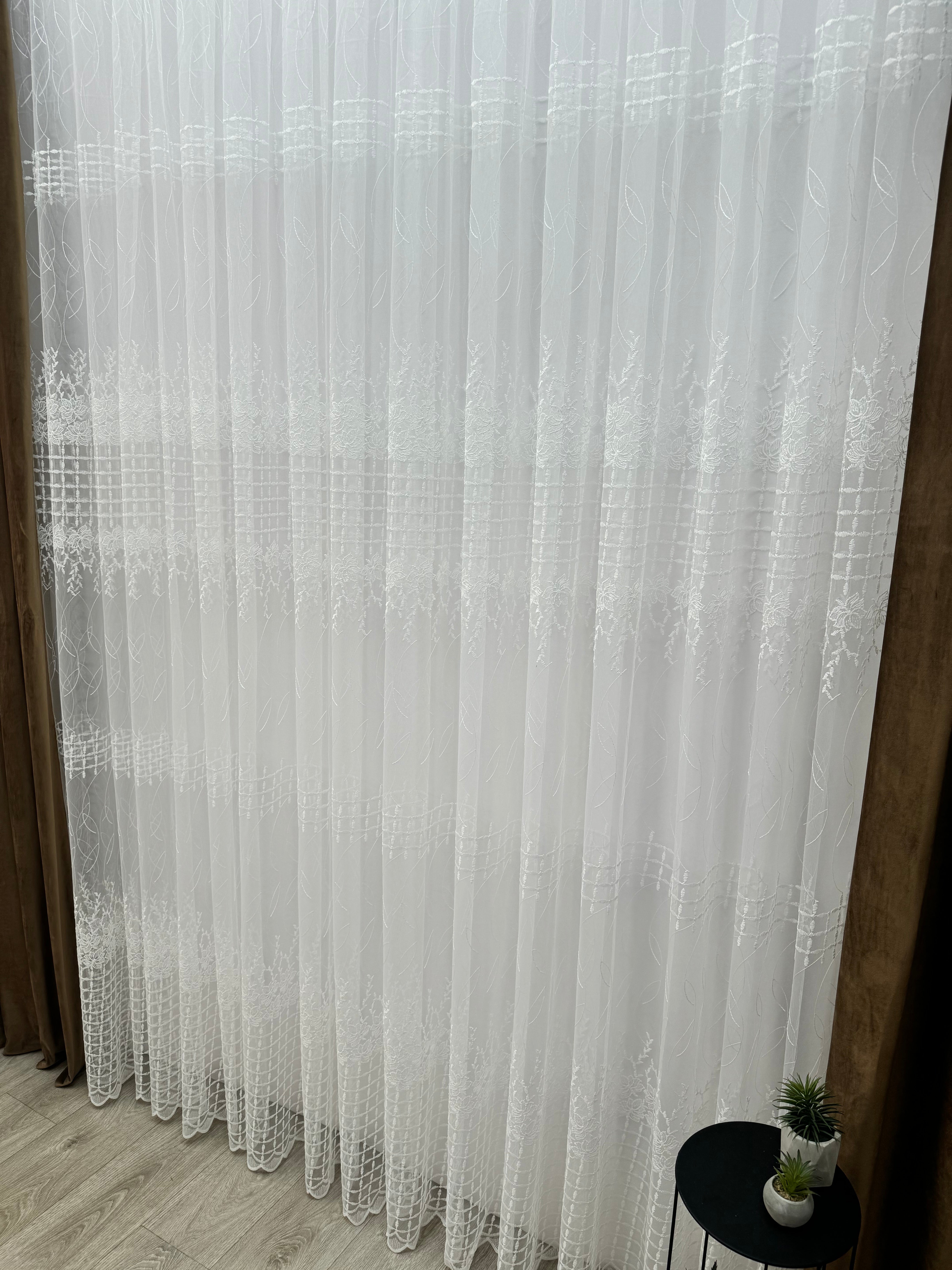 Sheer curtain based on fatin with embroidery, milk color
