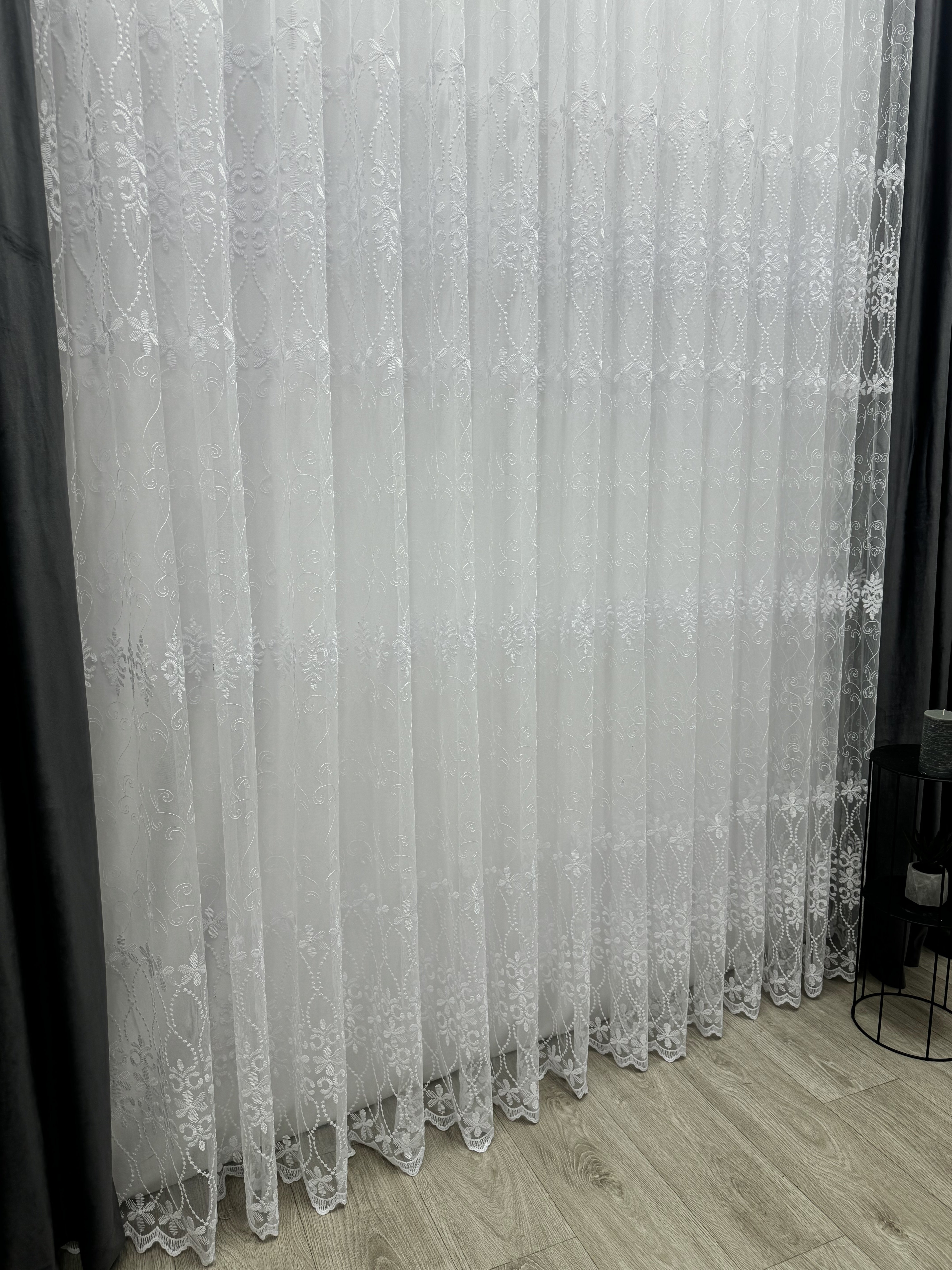 Sheer curtain based on fatin with embroidery, white color