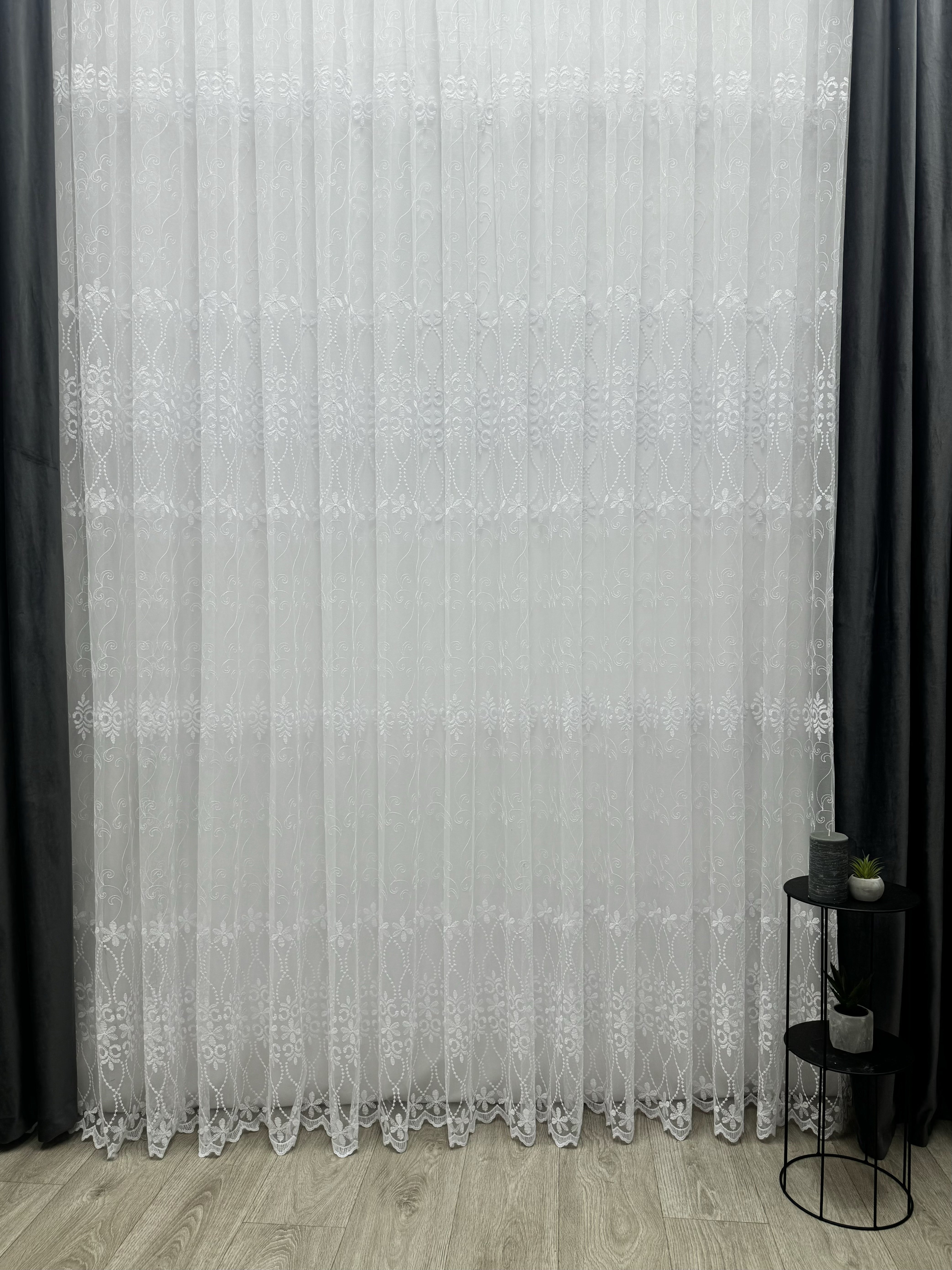 Sheer curtain based on fatin with embroidery, white color