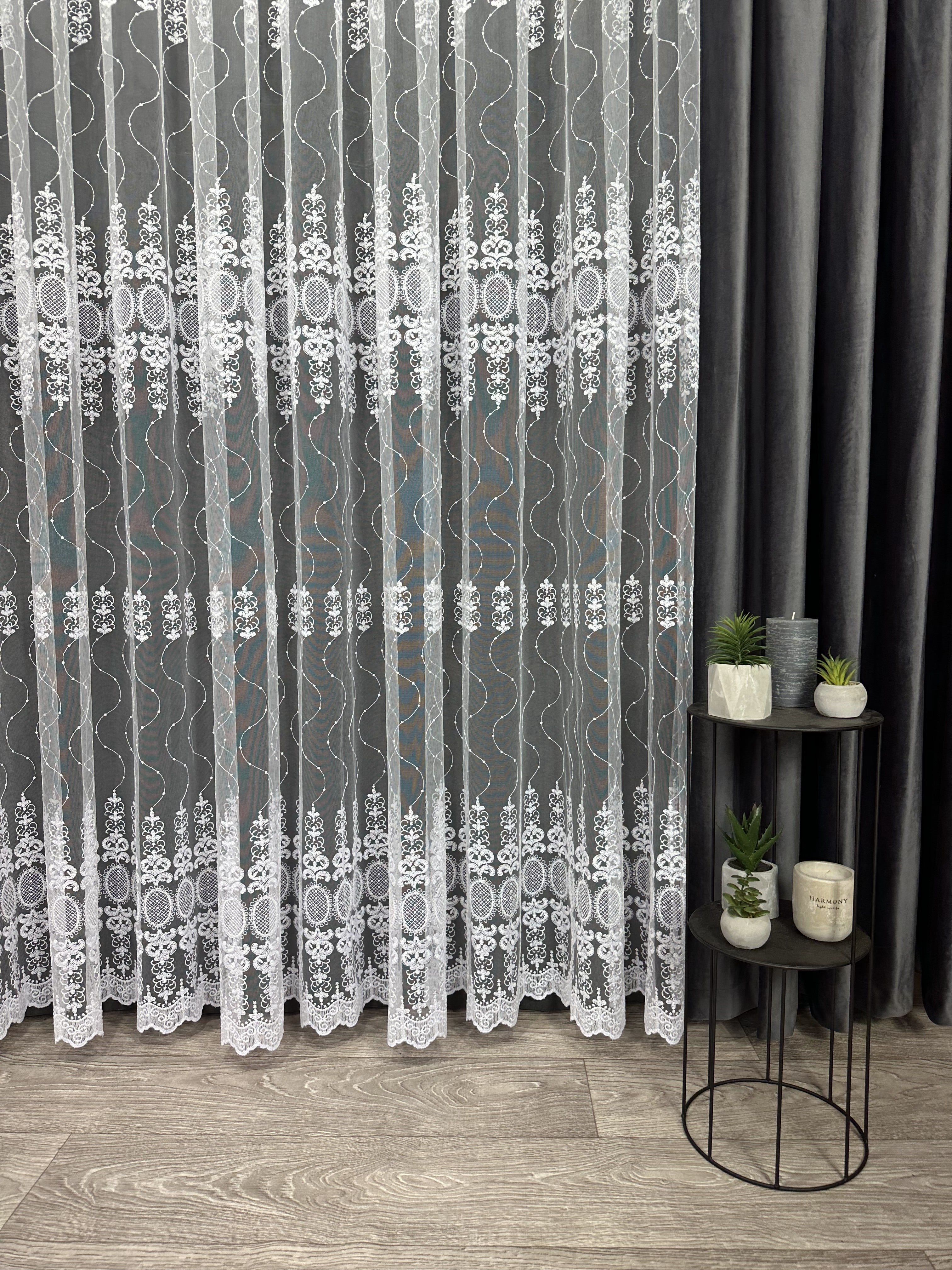 Sheer curtain with beautiful embroidery, white color