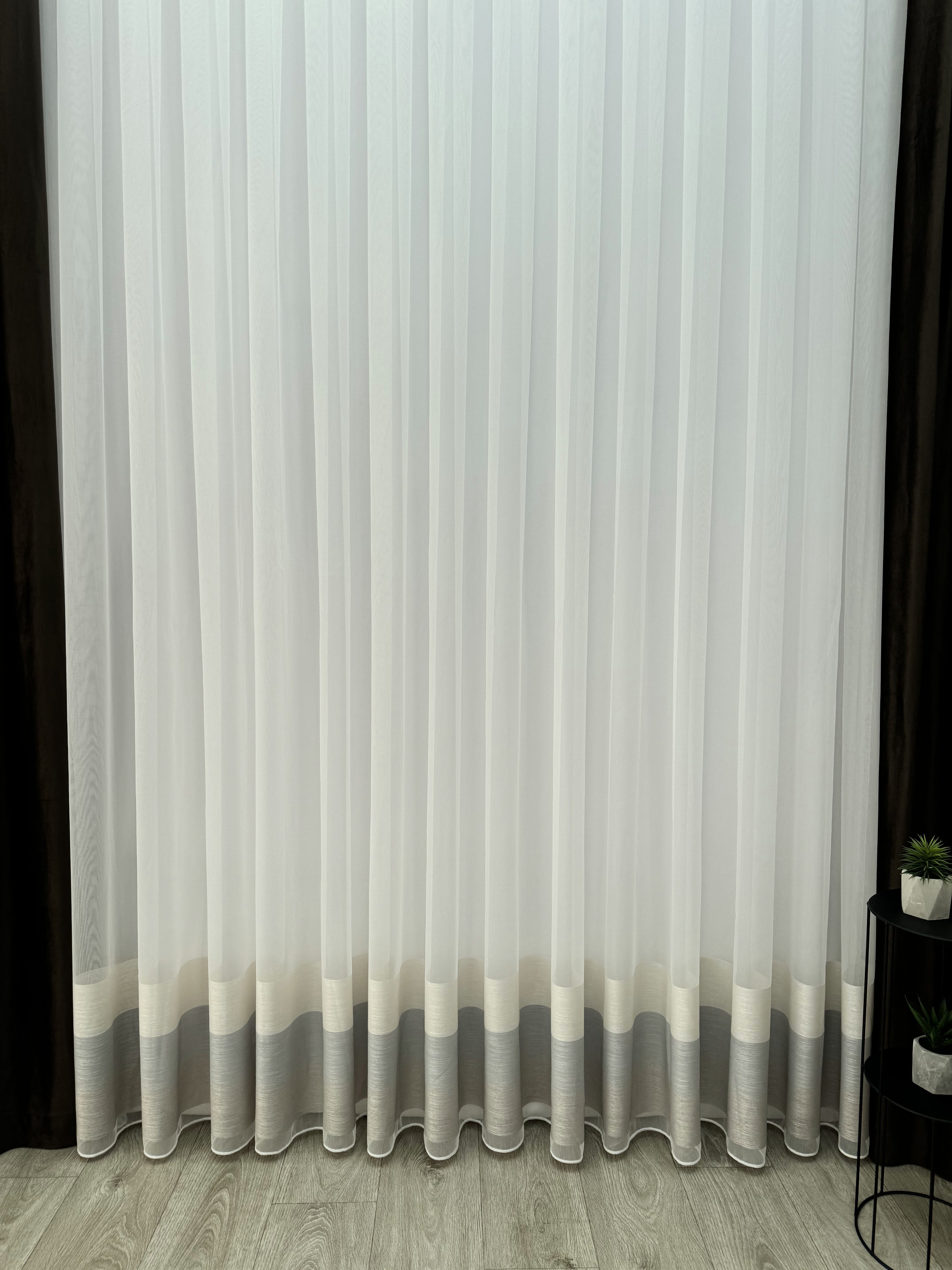 Bamboo-based sheer curtain with stripe on the bottom, brown color