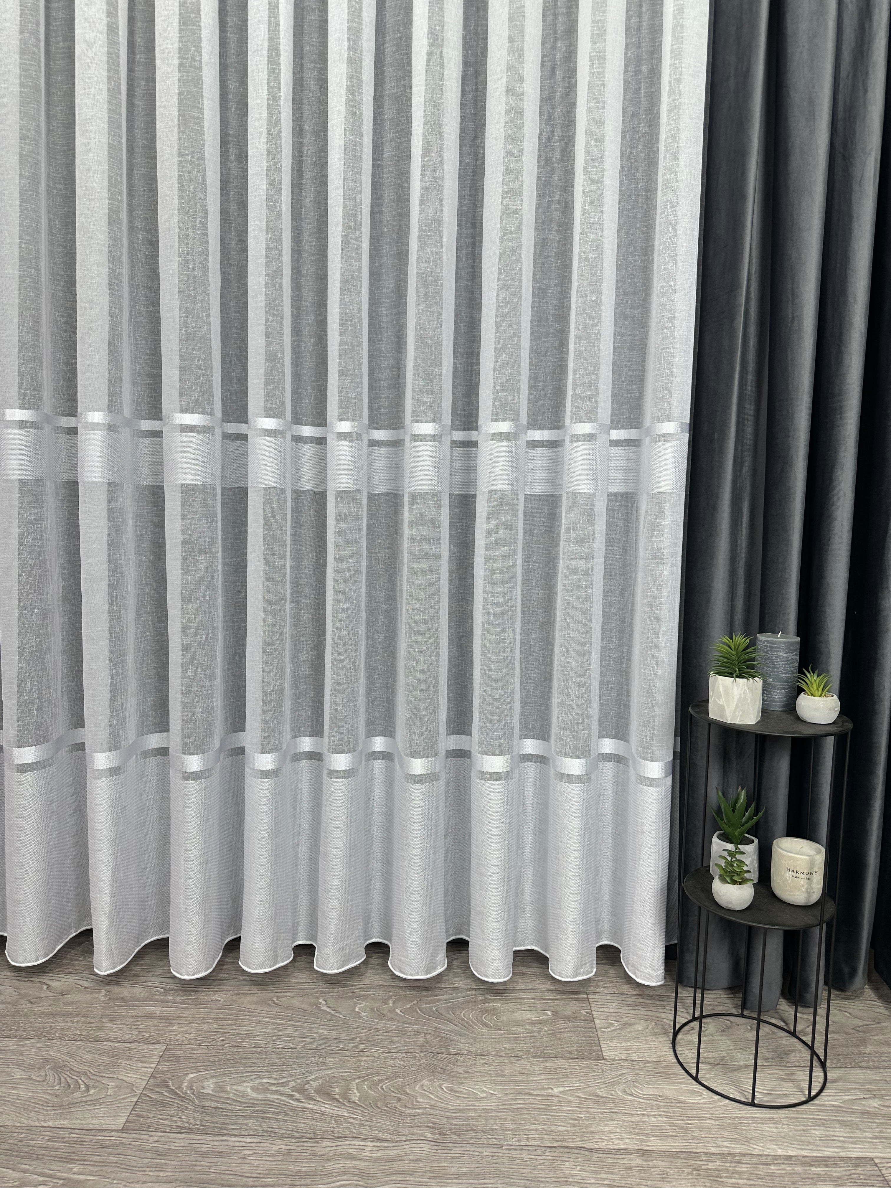 Linen sheer curtain with stripes, white color
