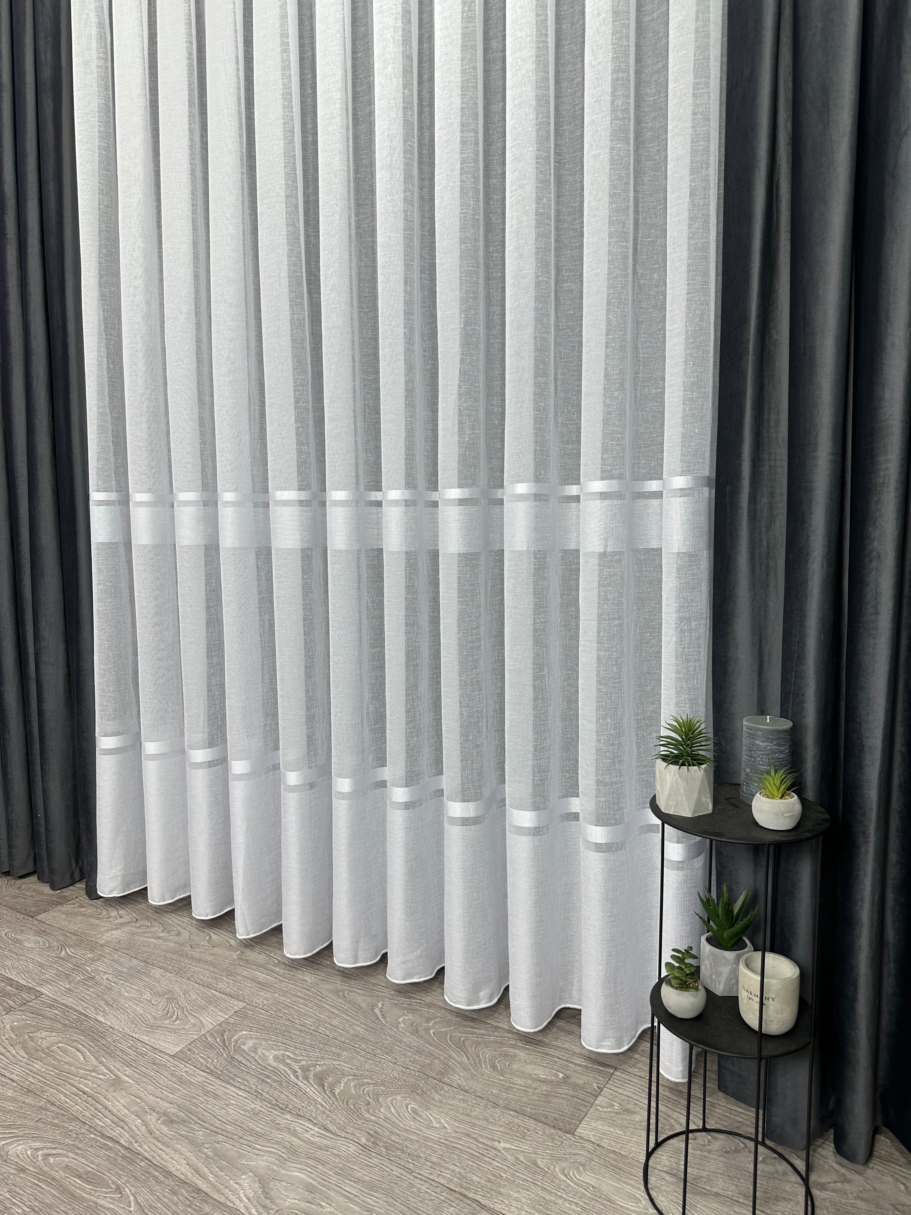 Linen sheer curtain with stripes, white color