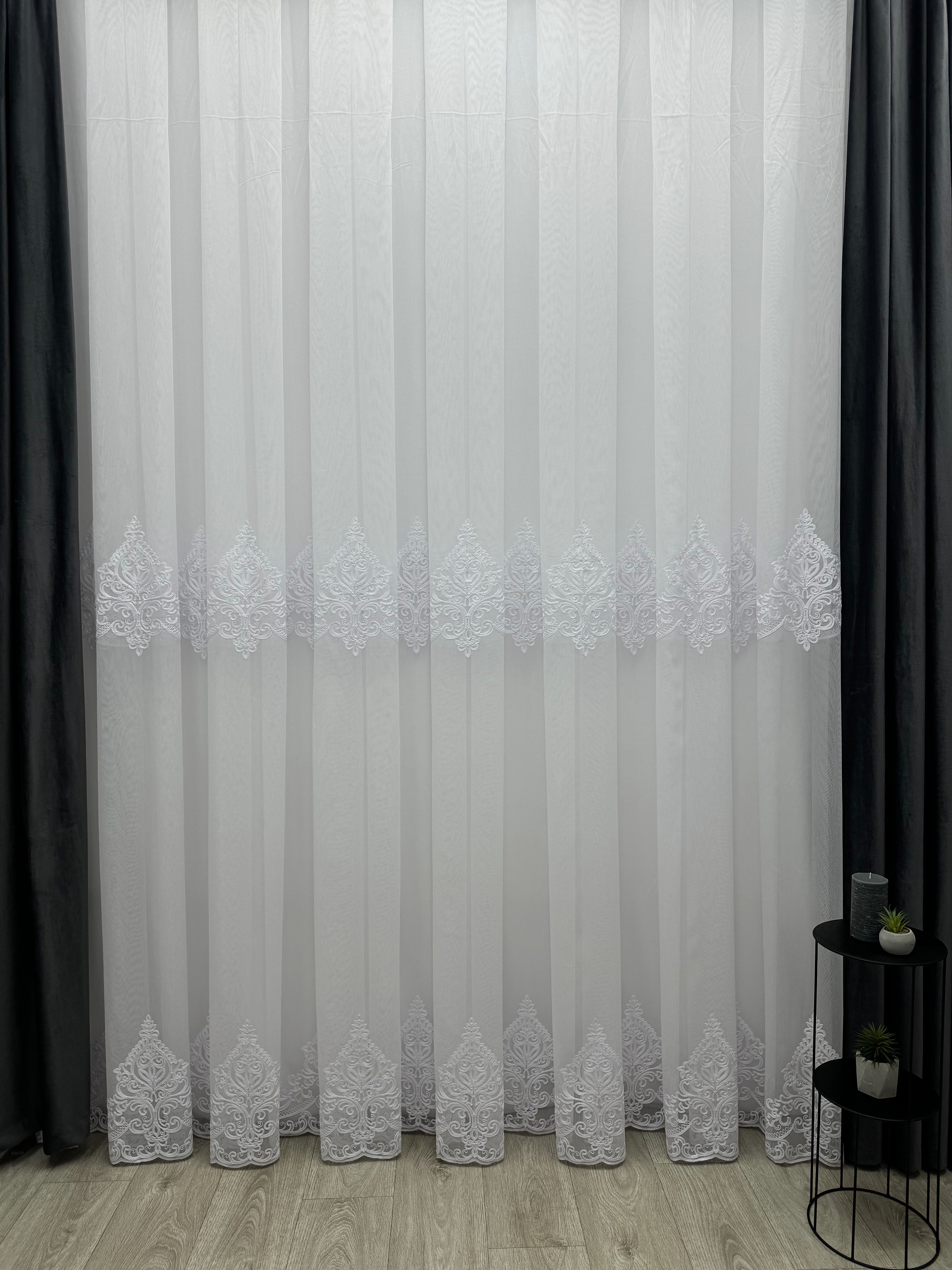 Bamboo sheer curtain with embroidery, white color