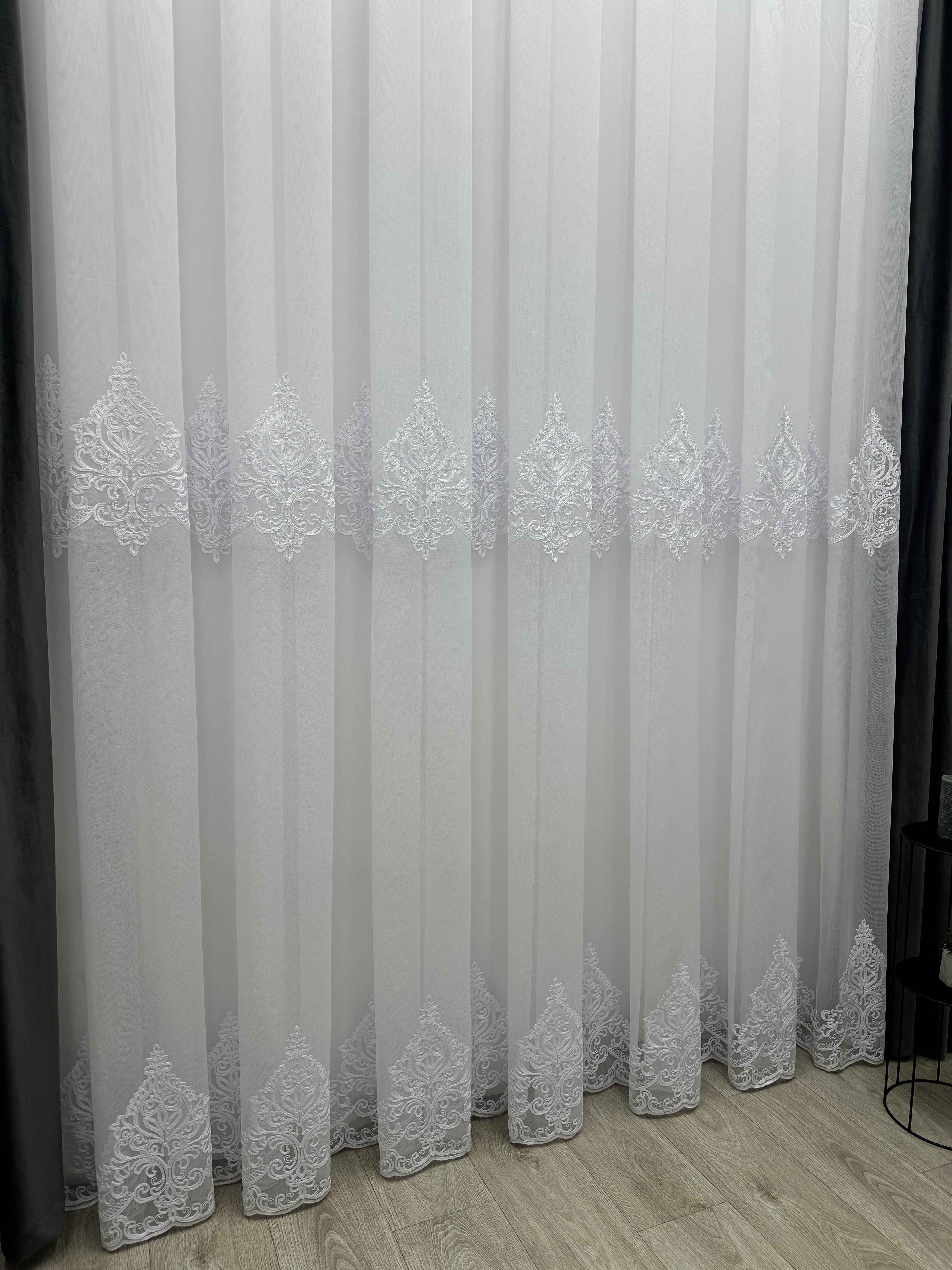 Bamboo sheer curtain with embroidery, white color
