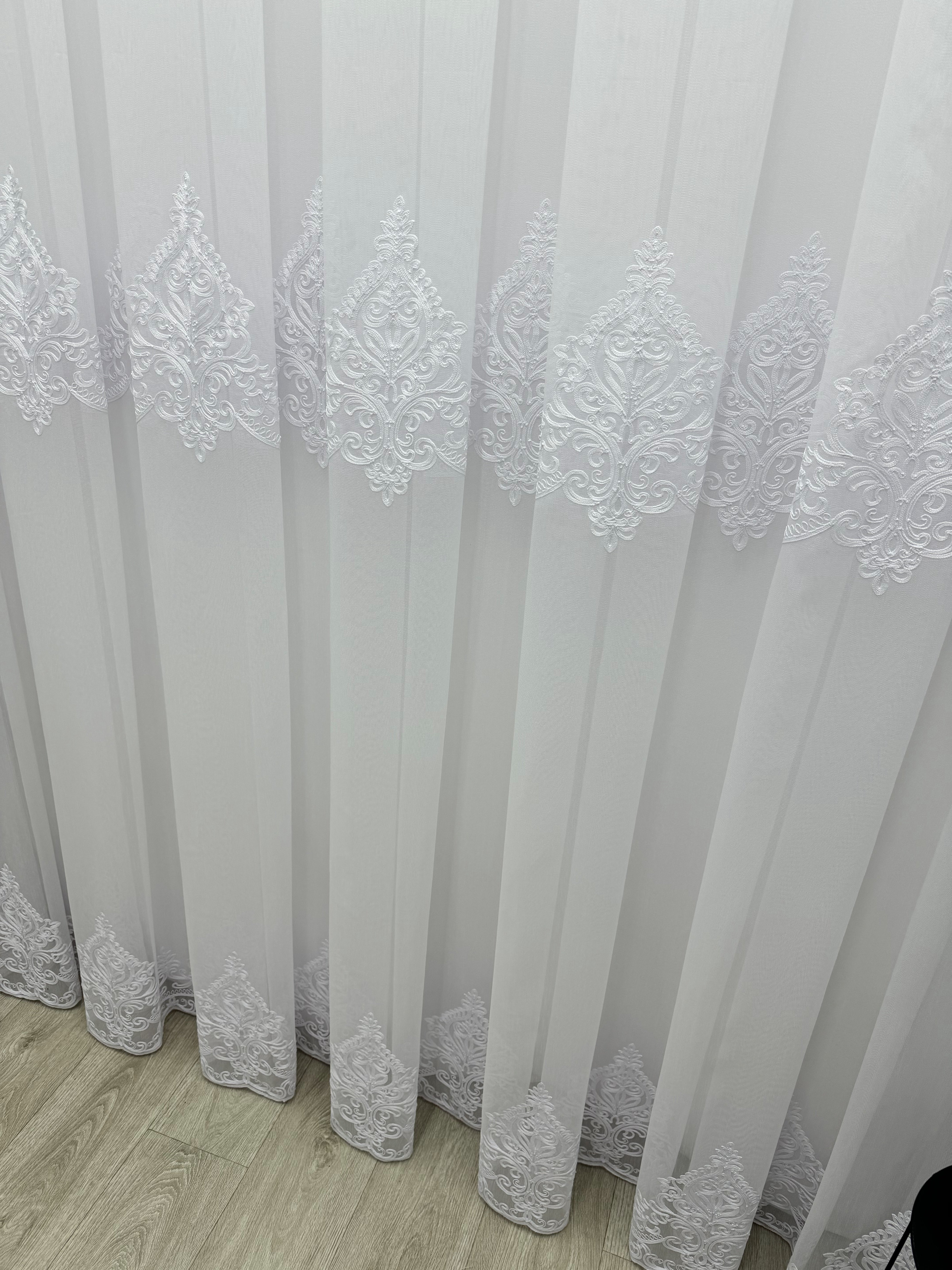 Bamboo sheer curtain with embroidery, white color