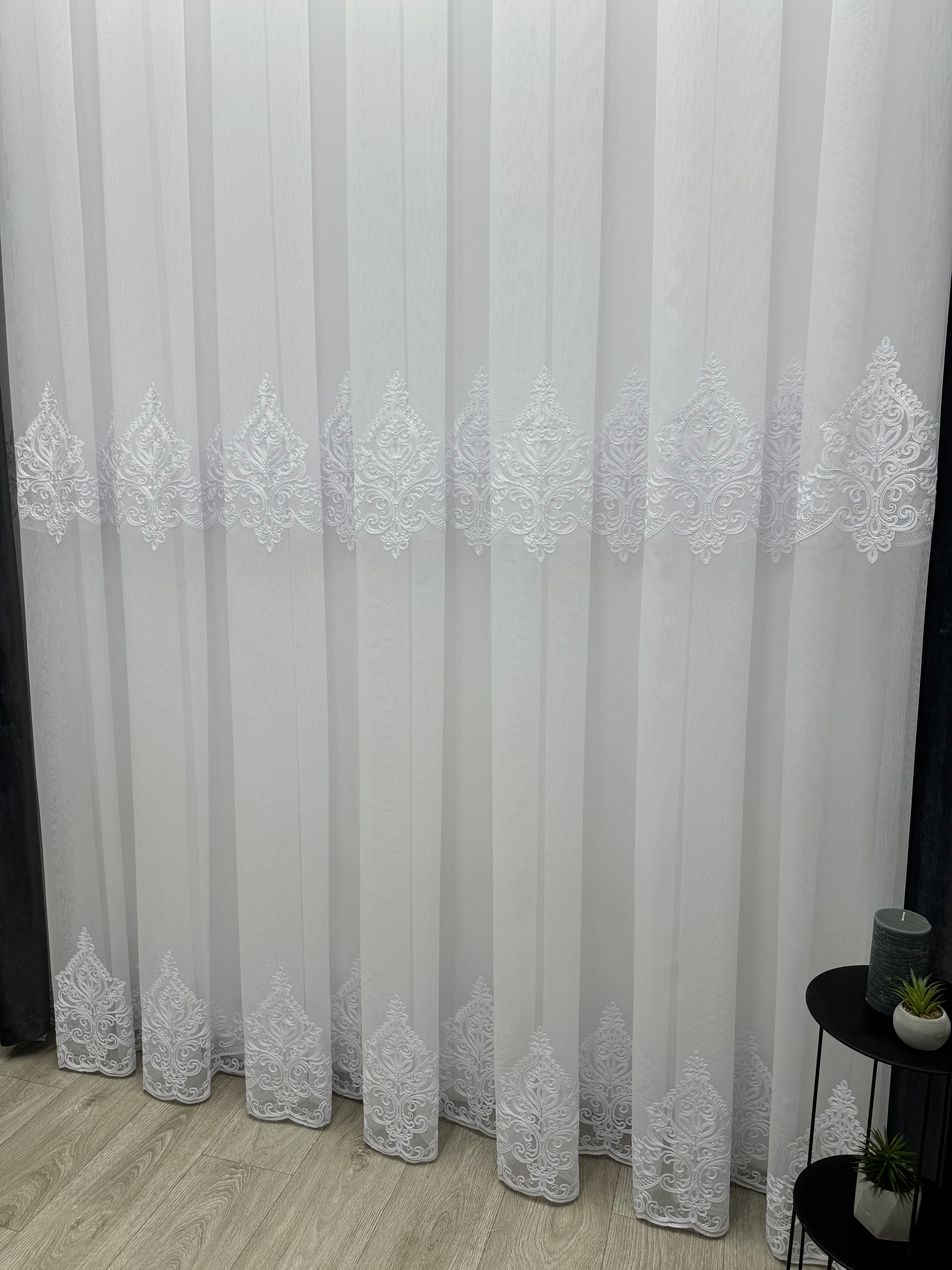 Bamboo sheer curtain with embroidery, white color