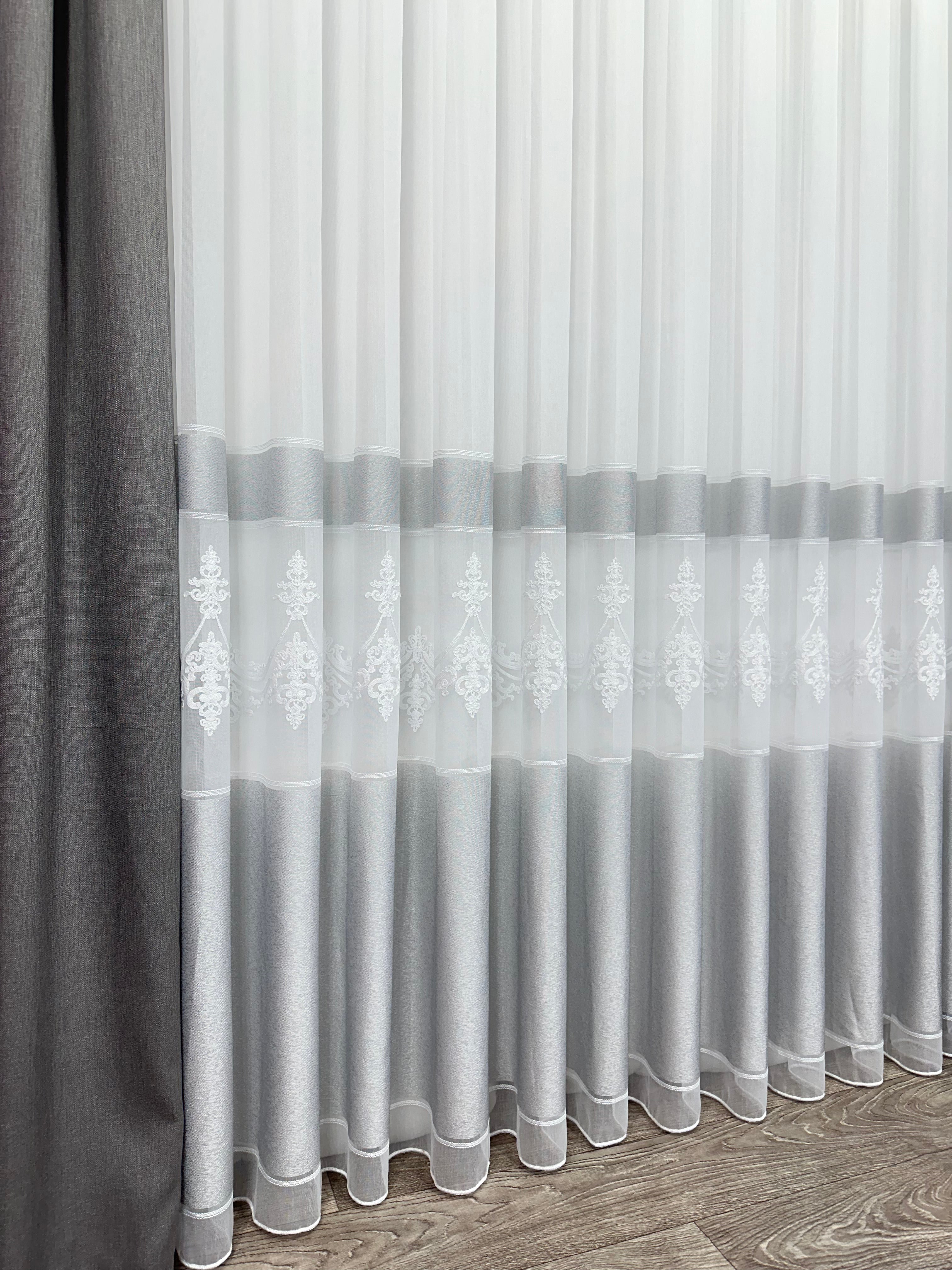 Bamboo-based sheer curtain with beautiful embroidery, gray color