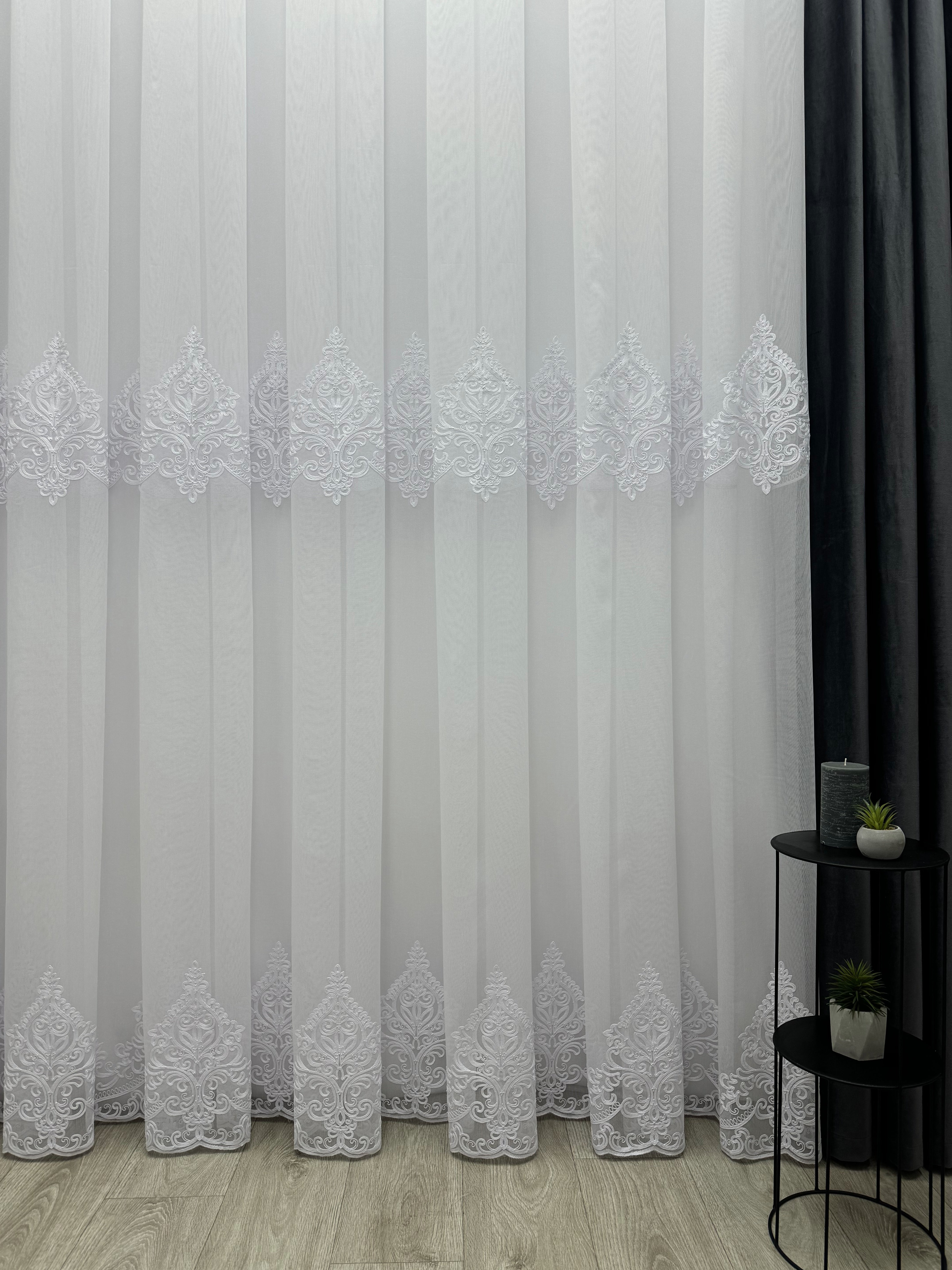 Bamboo sheer curtain with embroidery, white color