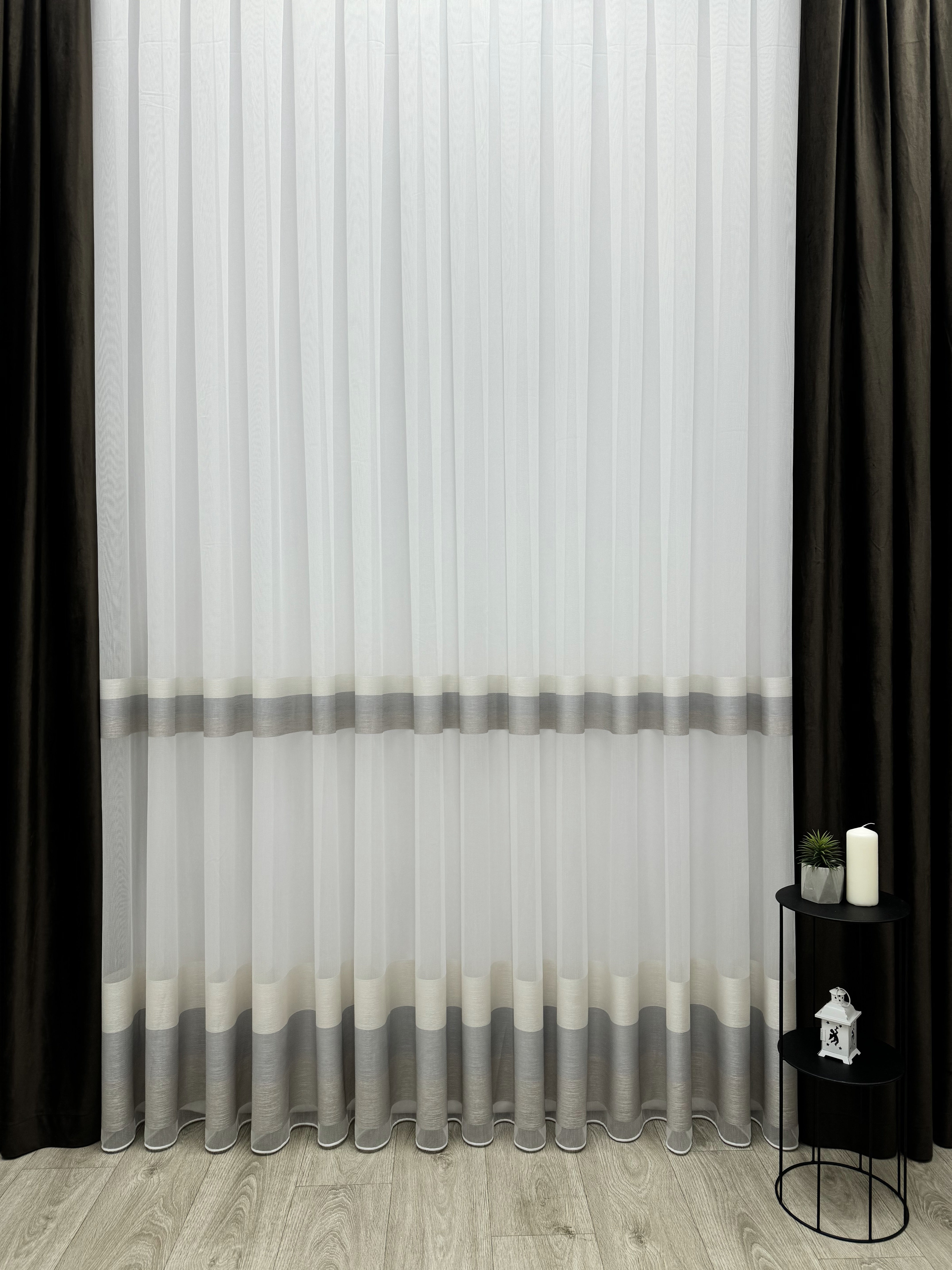 Bamboo-based sheer curtain with stripes, brown color