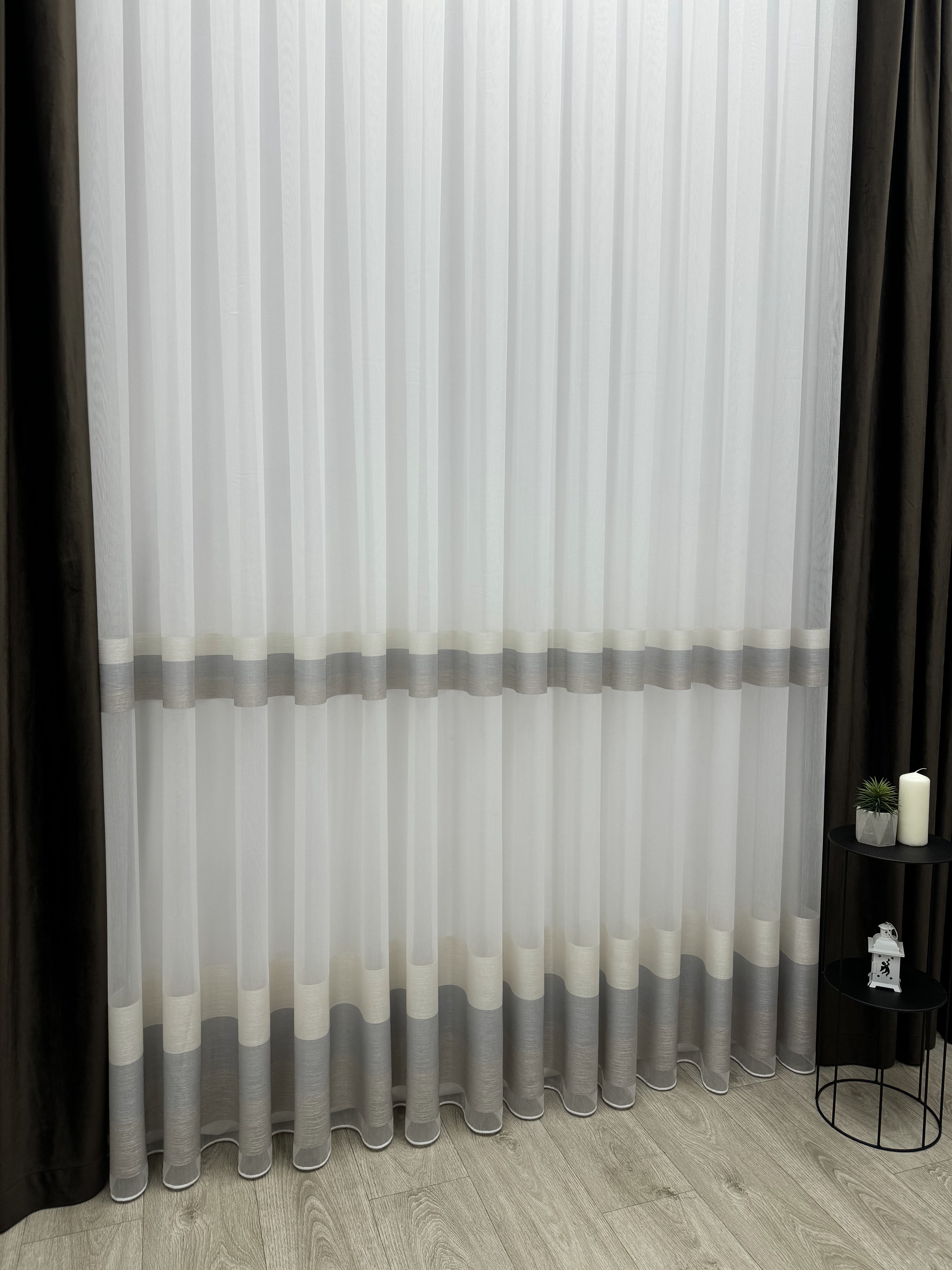 Bamboo-based sheer curtain with stripes, brown color