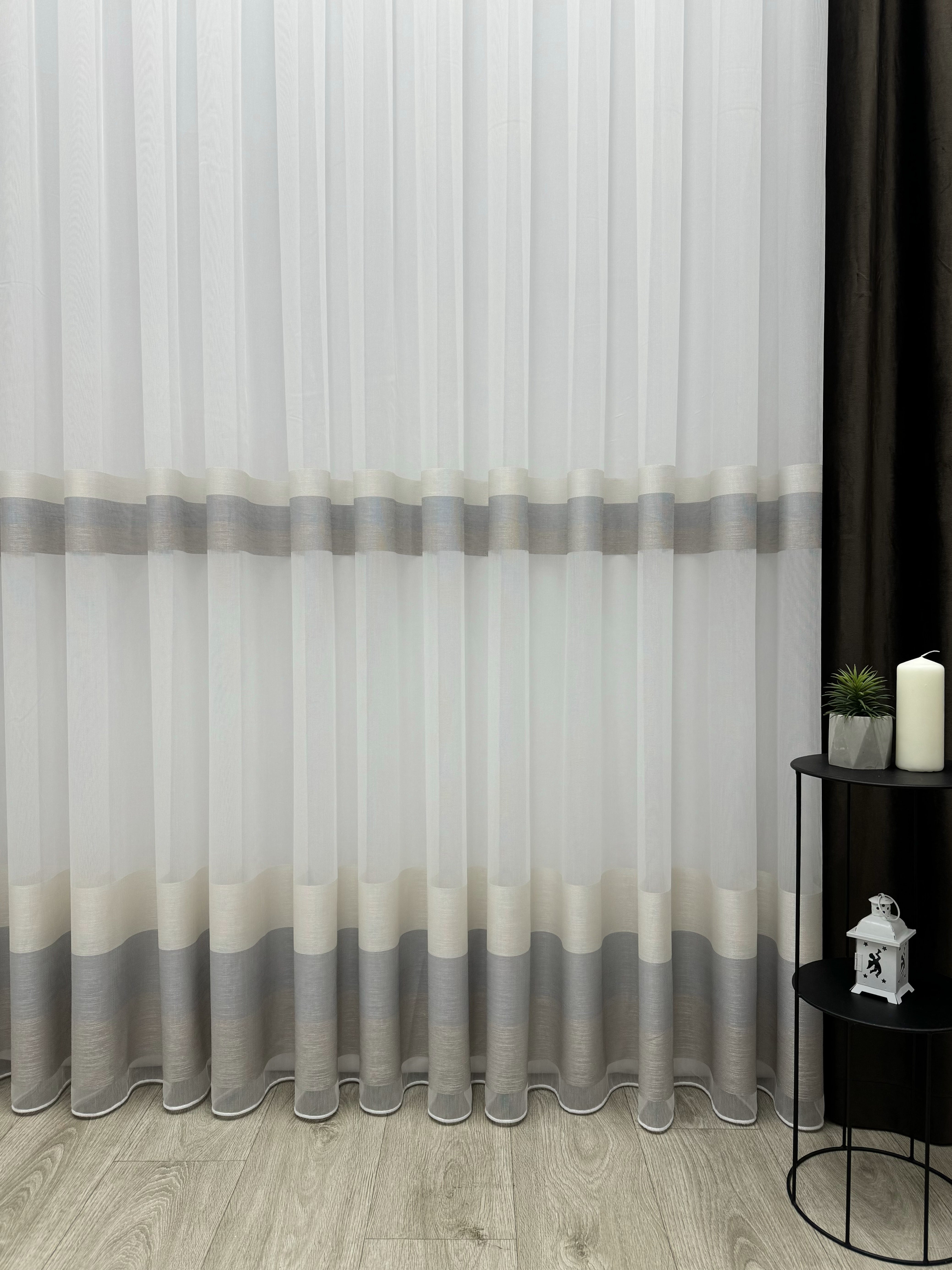 Bamboo-based sheer curtain with stripes, brown color