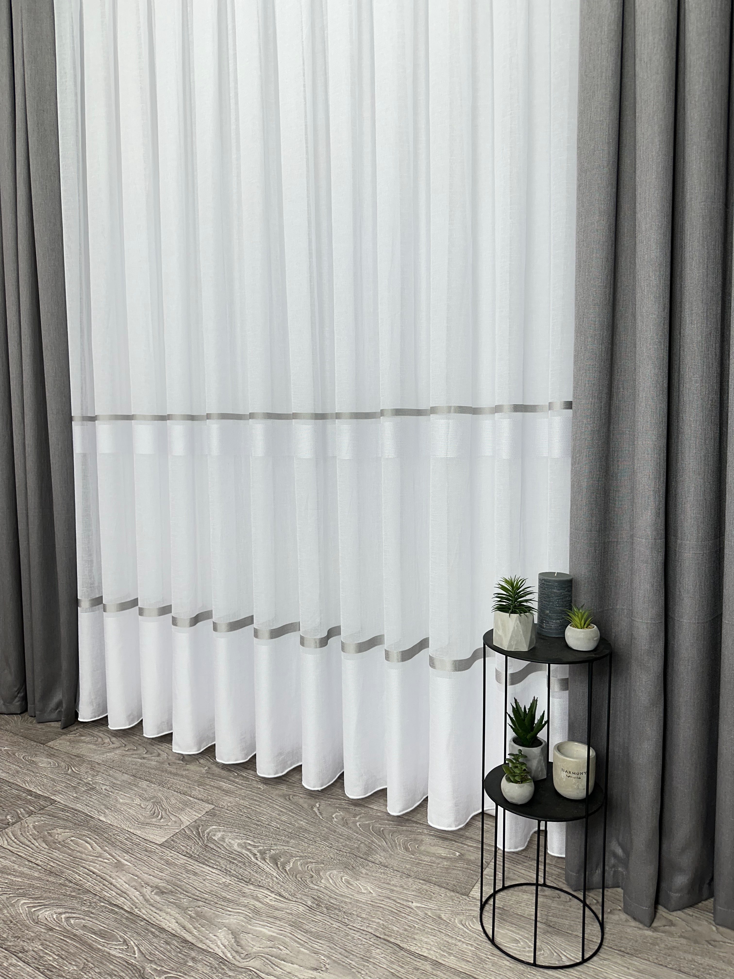 Linen sheer curtain with stripes, gray color