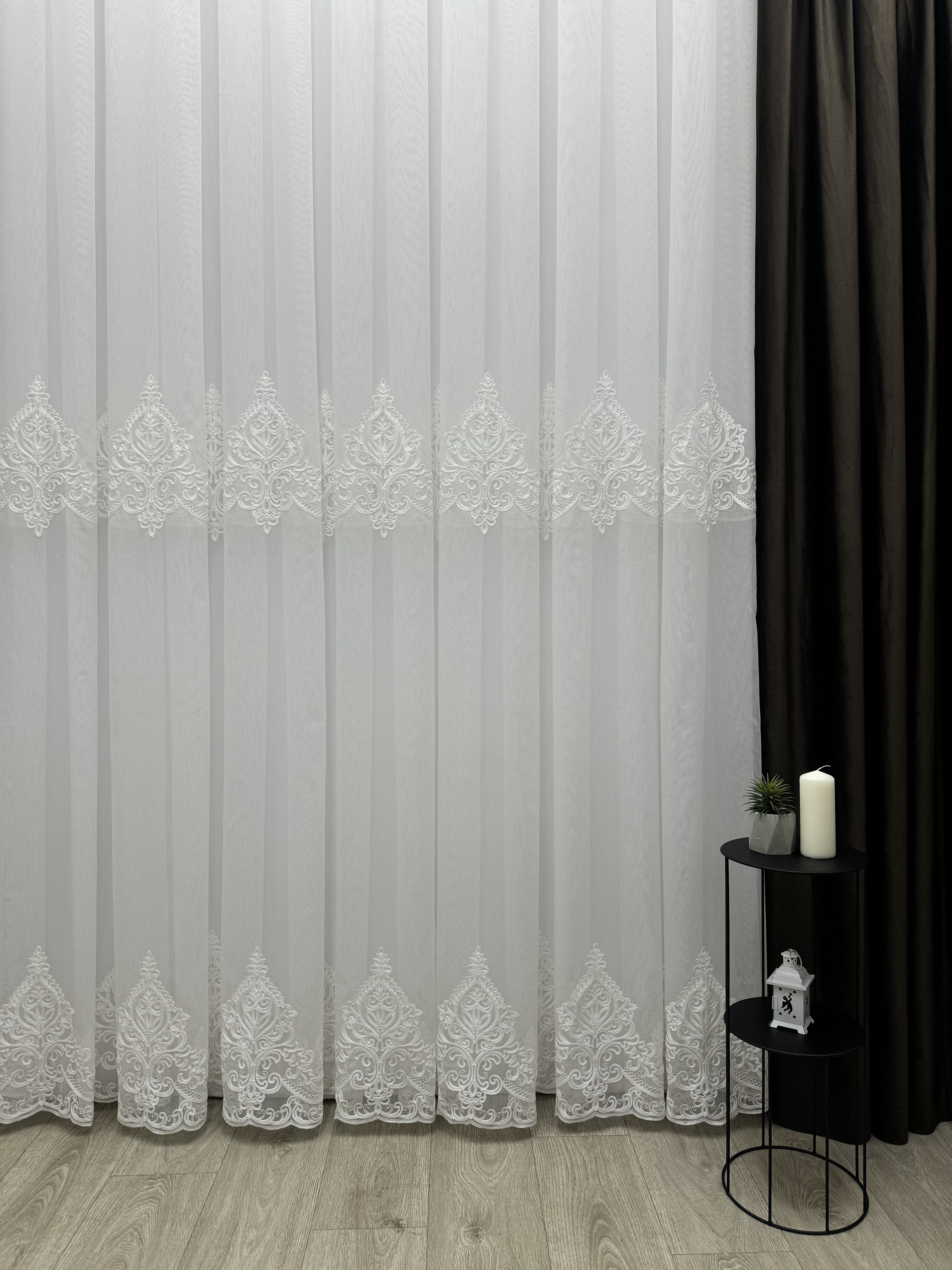 Bamboo sheer curtain with embroidery, milk color