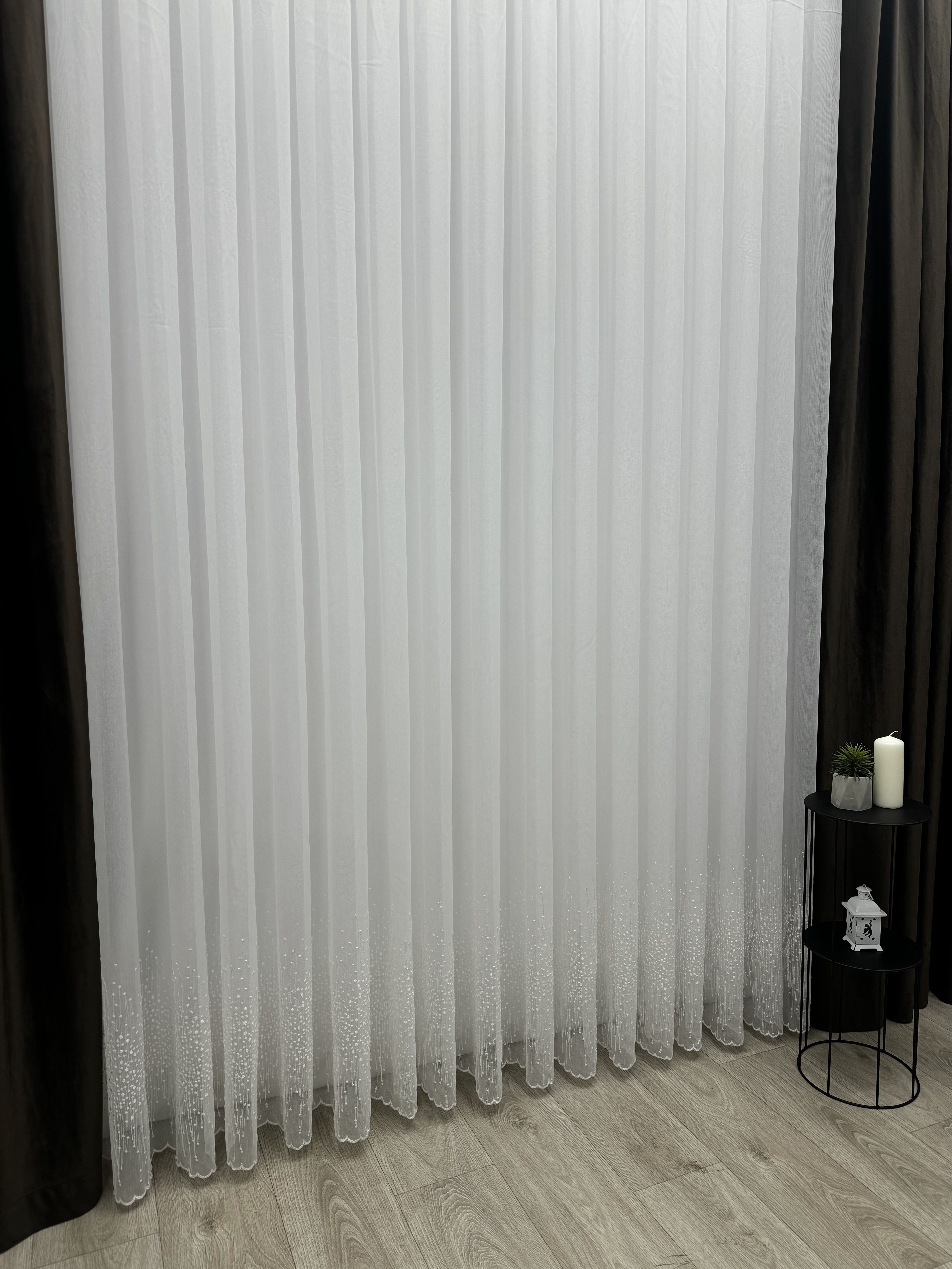 Bamboo-based sheer curtain with embroidery on the bottom, milk color