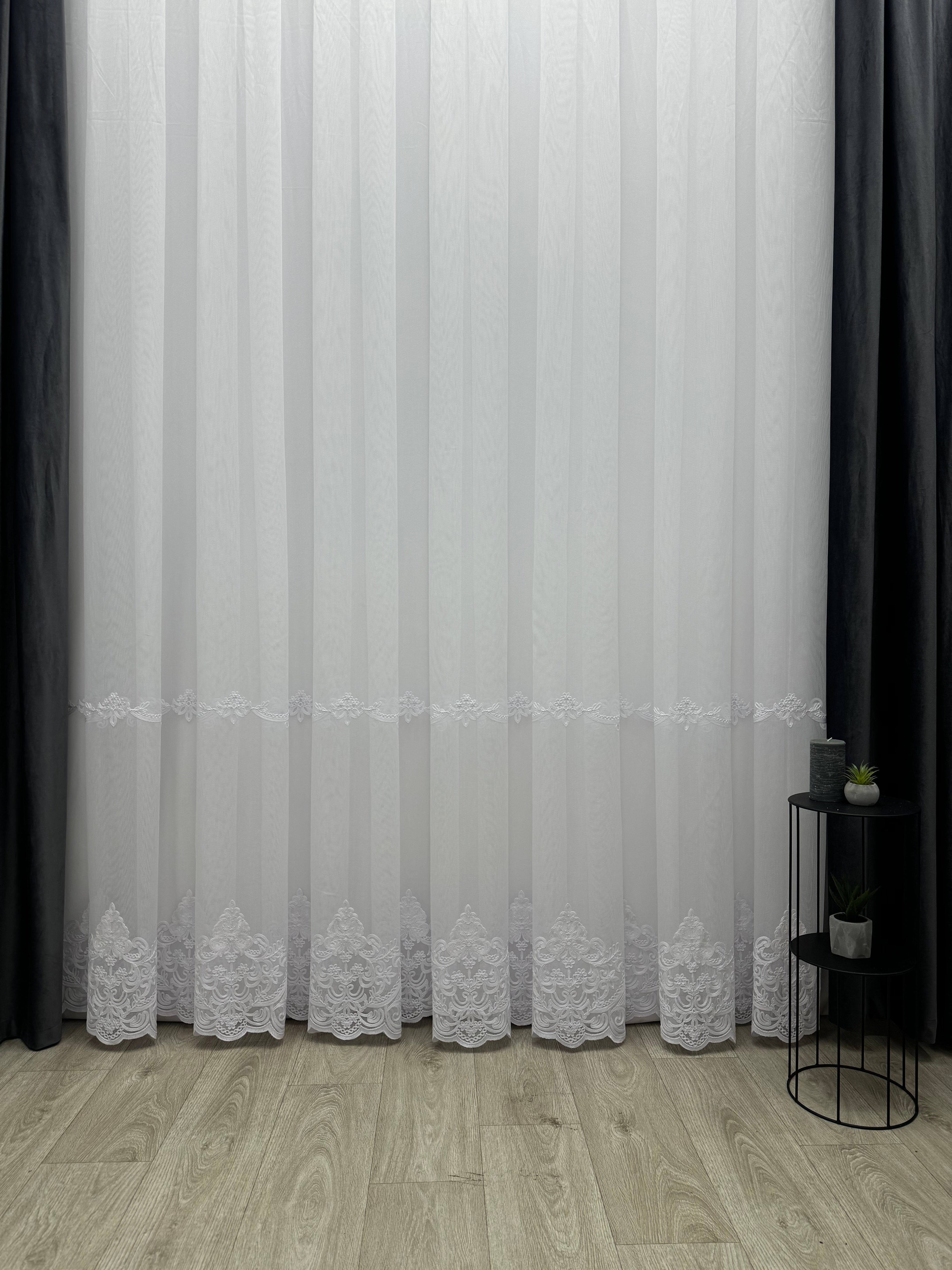 Bamboo-based sheer curtain with embroidery on the bottom, white color