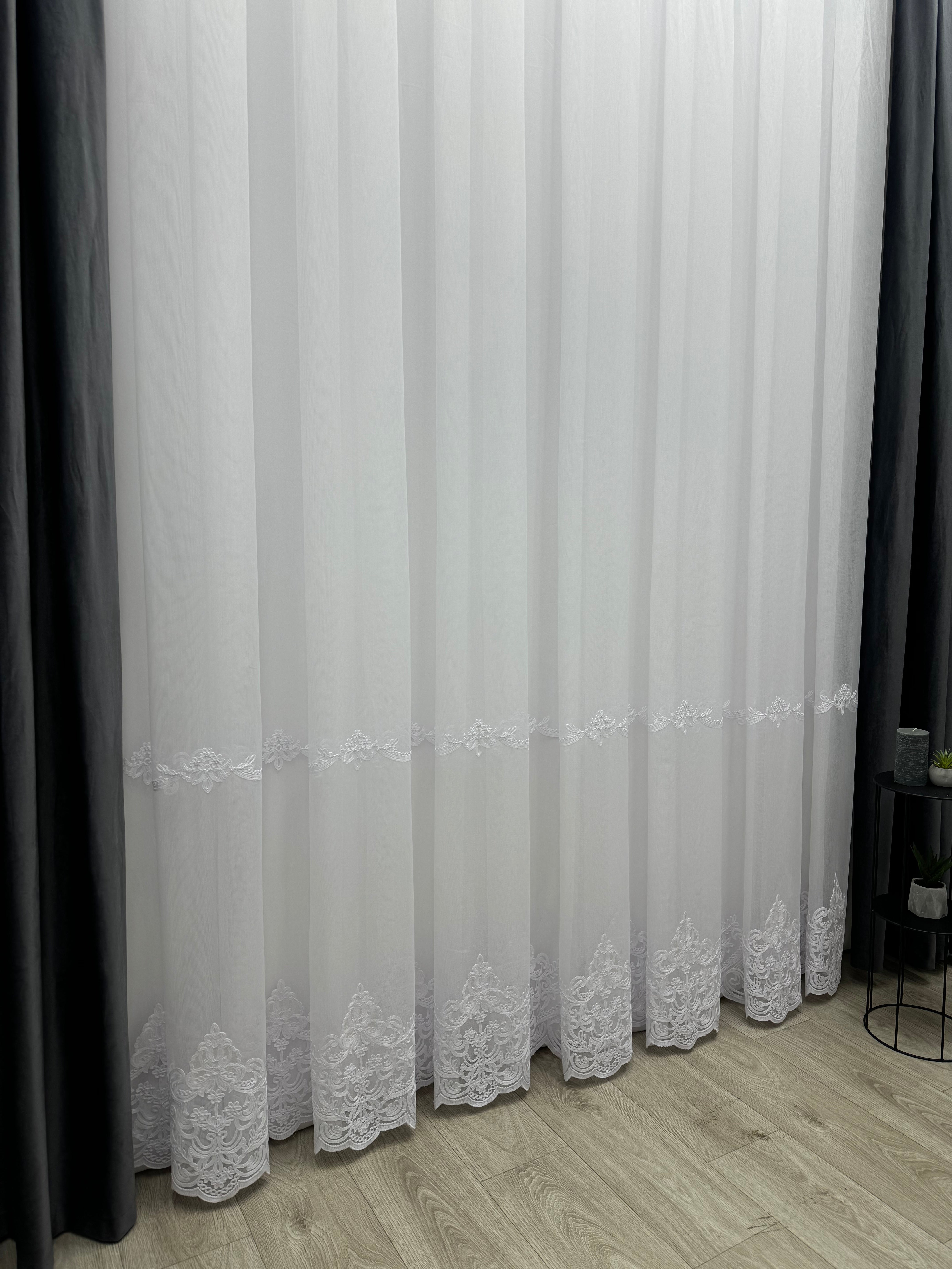 Bamboo-based sheer curtain with embroidery on the bottom, white color
