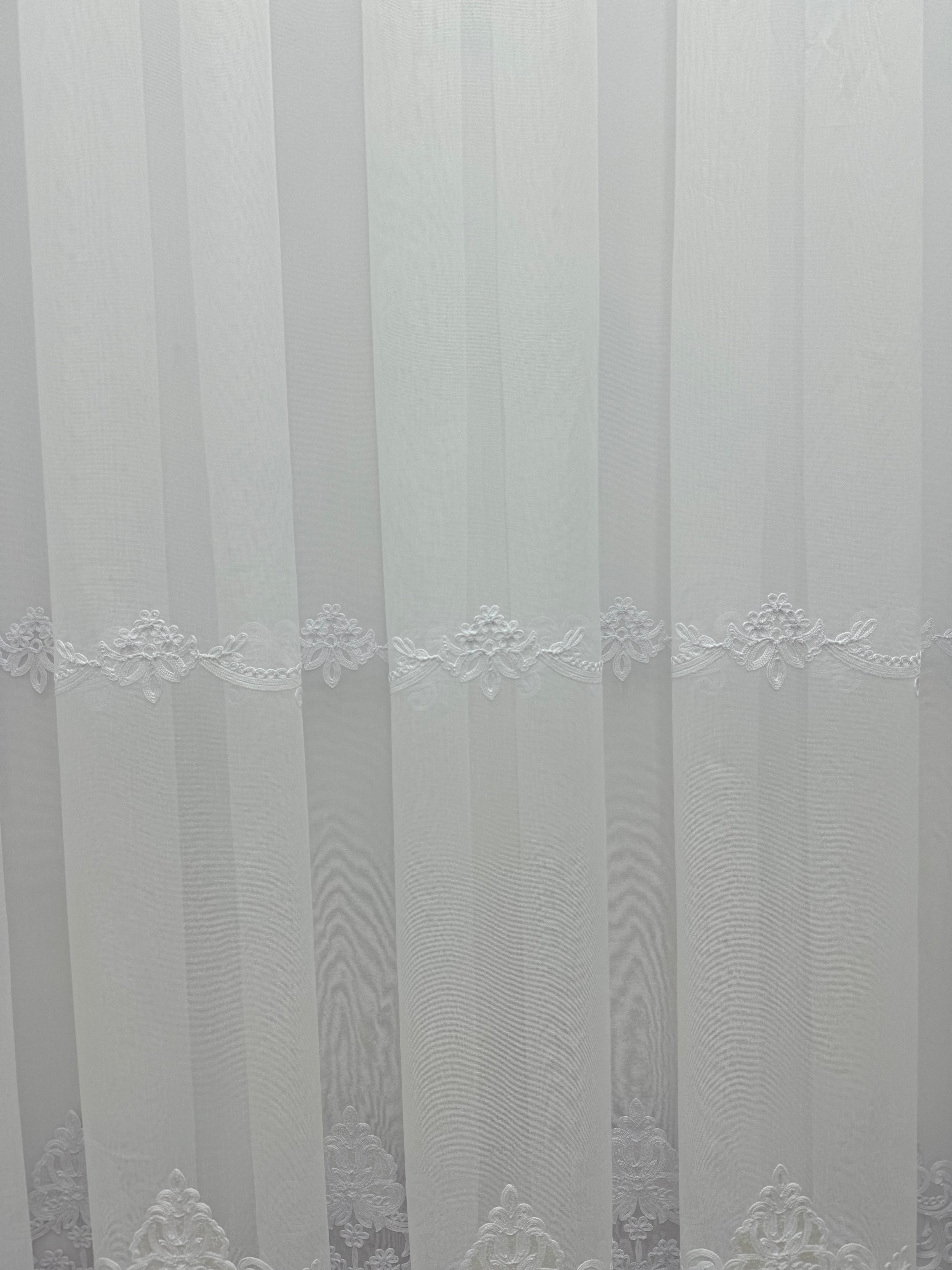 Bamboo-based sheer curtain with embroidery on the bottom, white color