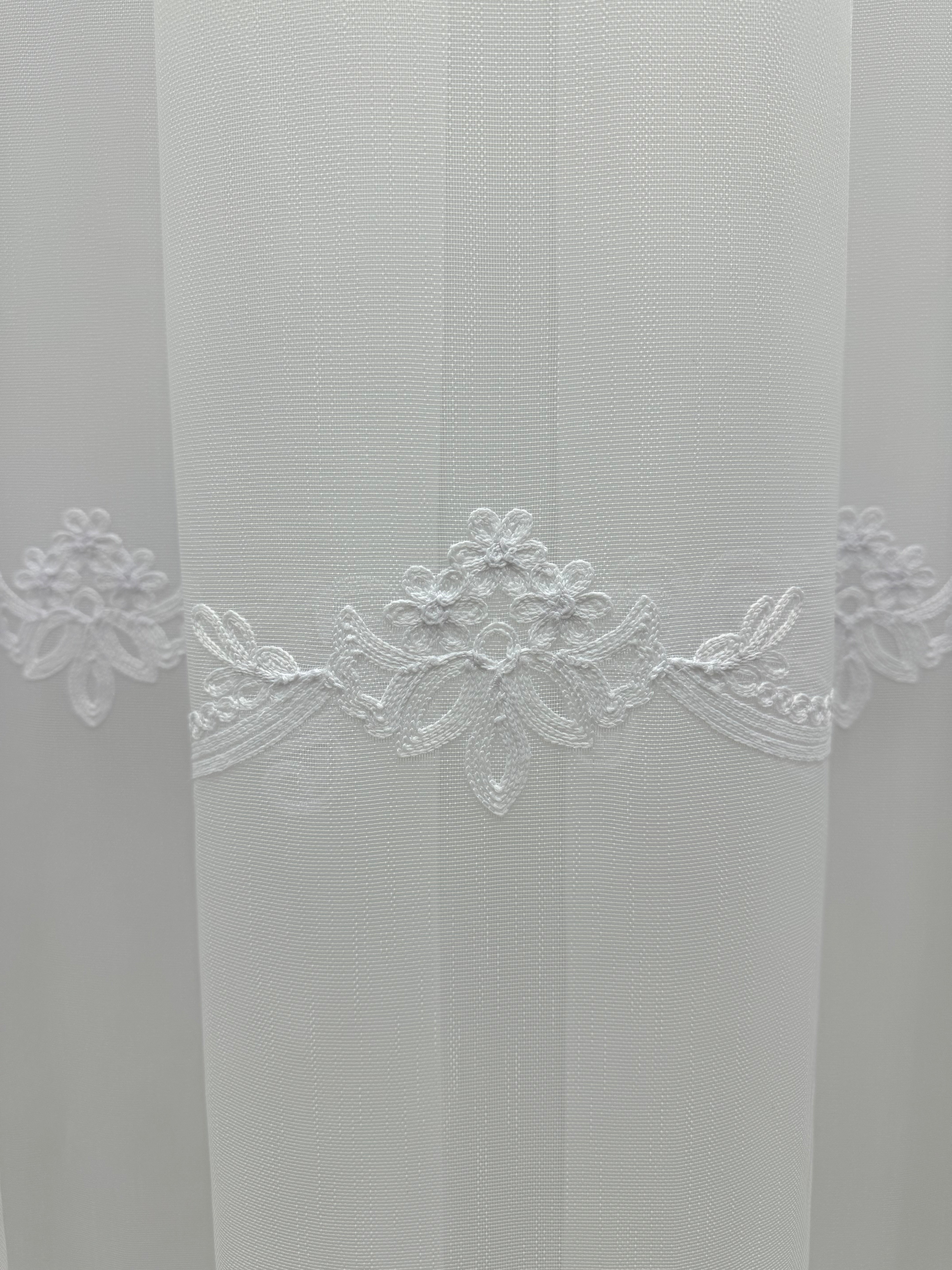 Bamboo-based sheer curtain with embroidery on the bottom, white color