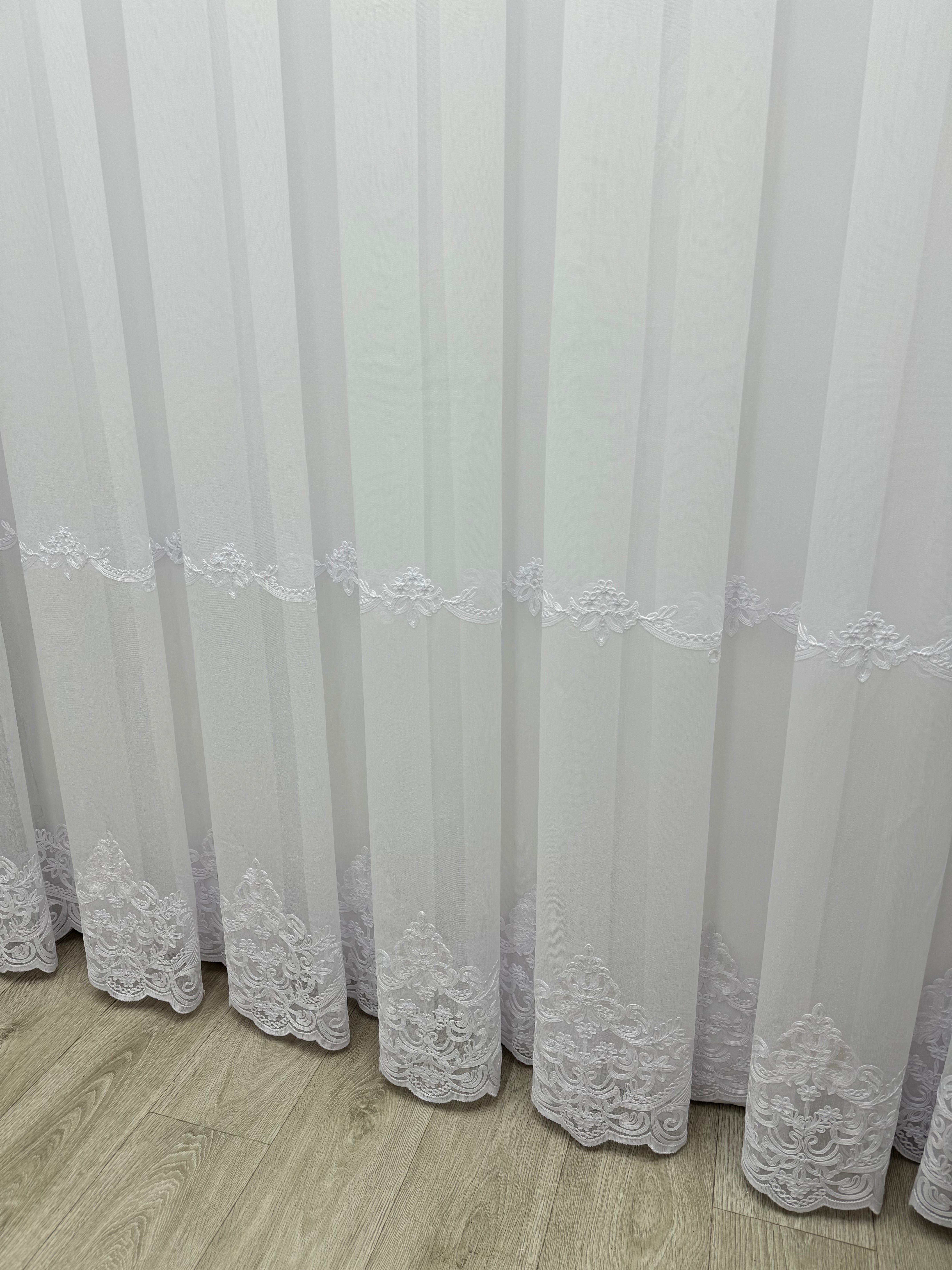Bamboo-based sheer curtain with embroidery on the bottom, white color