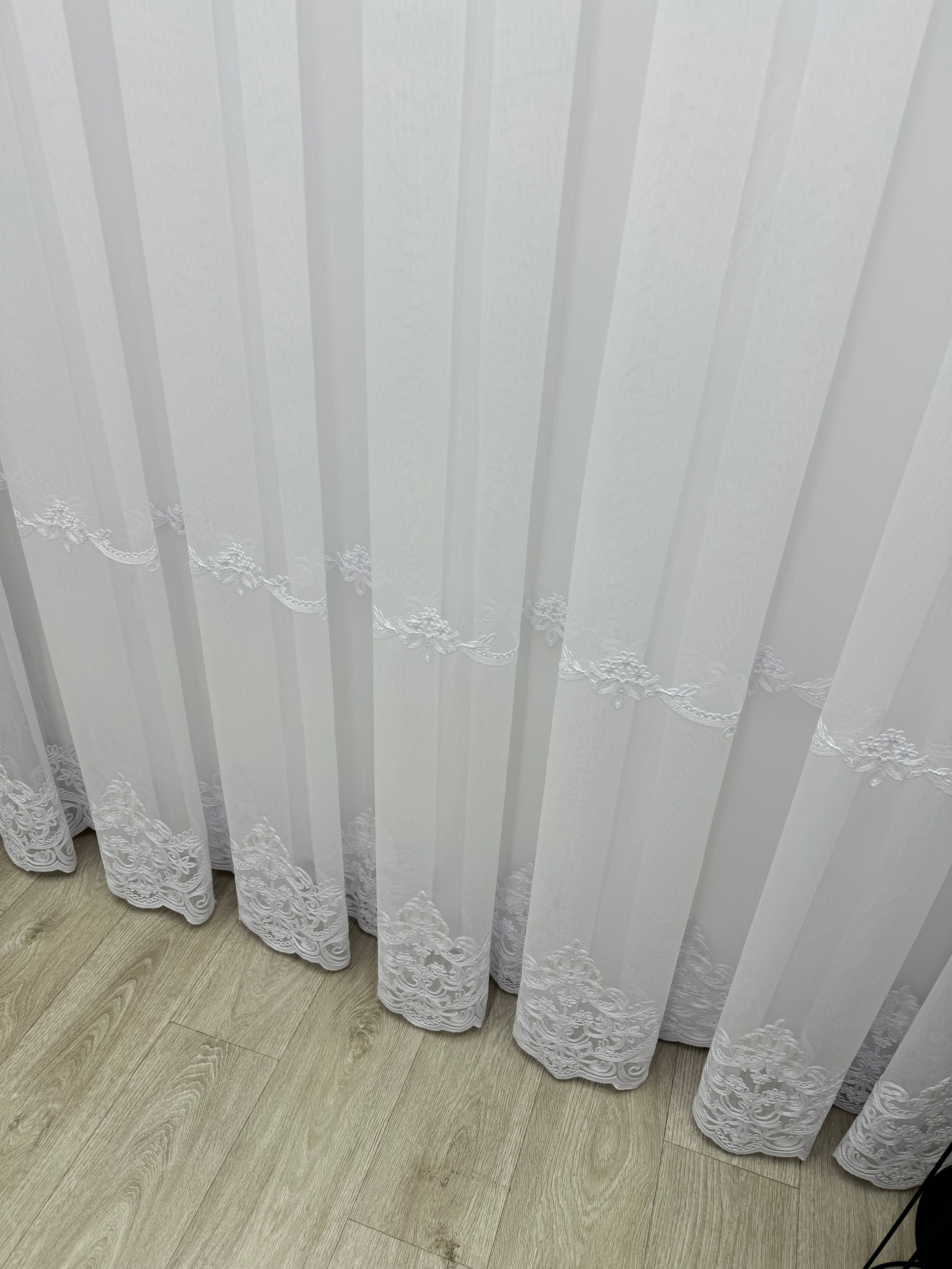 Bamboo-based sheer curtain with embroidery on the bottom, white color