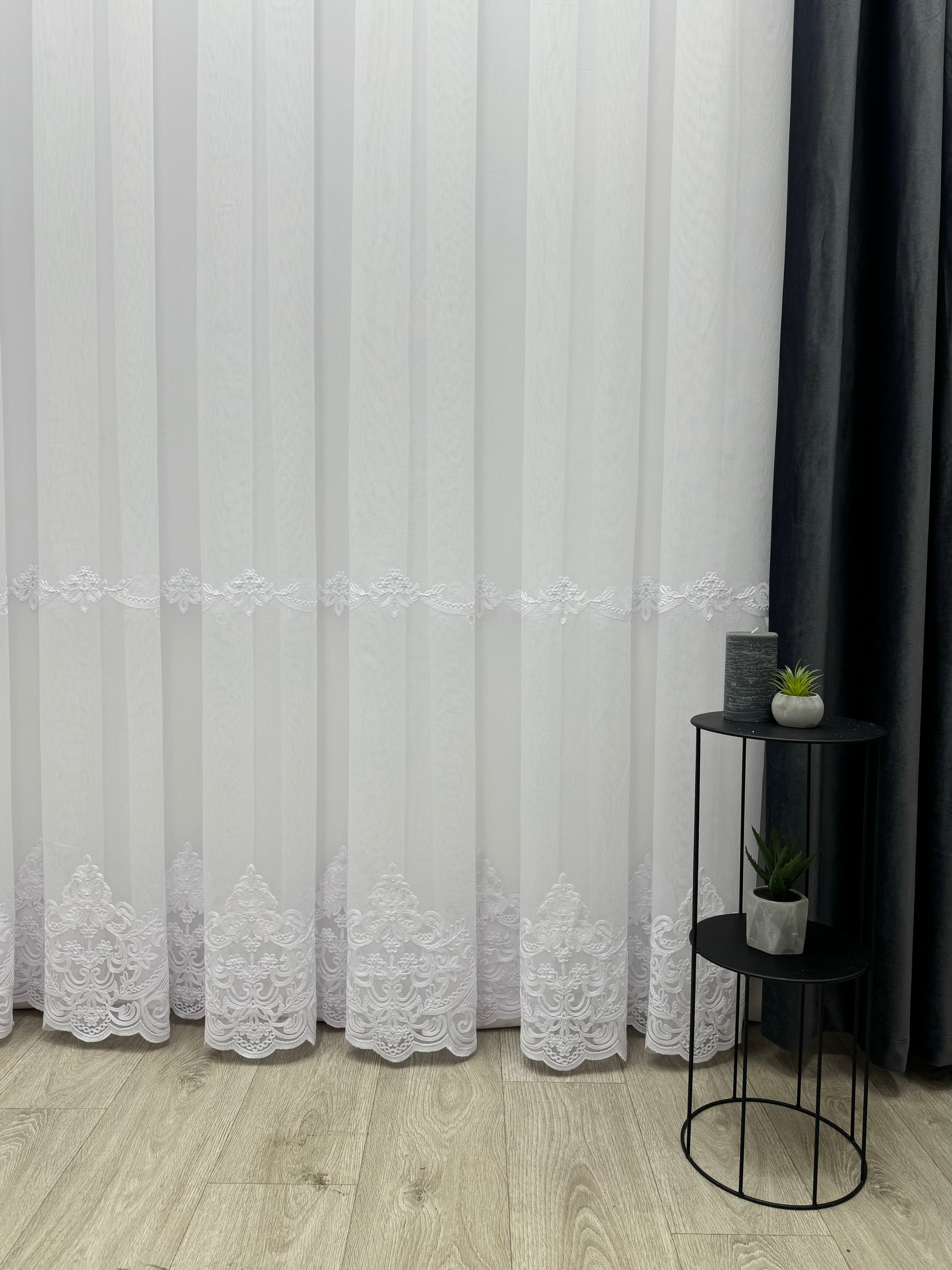 Bamboo-based sheer curtain with embroidery on the bottom, white color